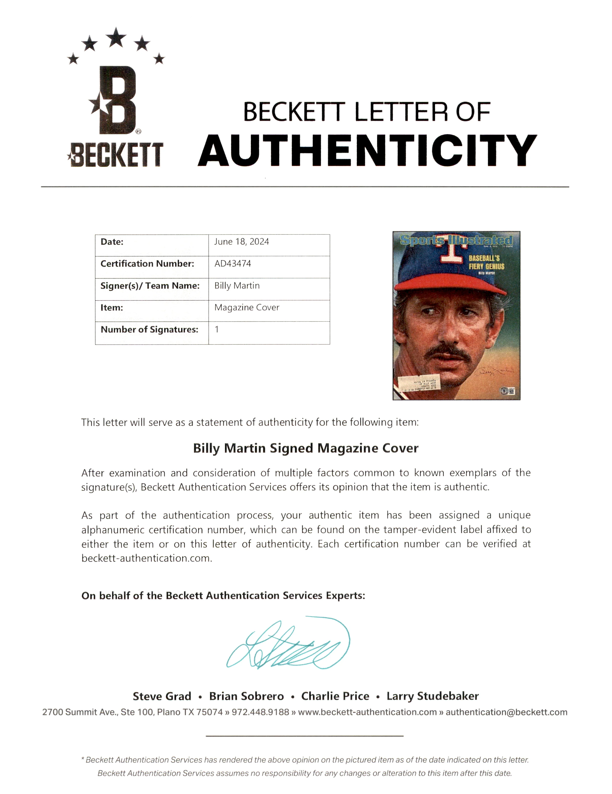 Billy Martin Autographed Sports Illustrated Cover Texas Rangers Beckett BAS #AD43474 - Image 3