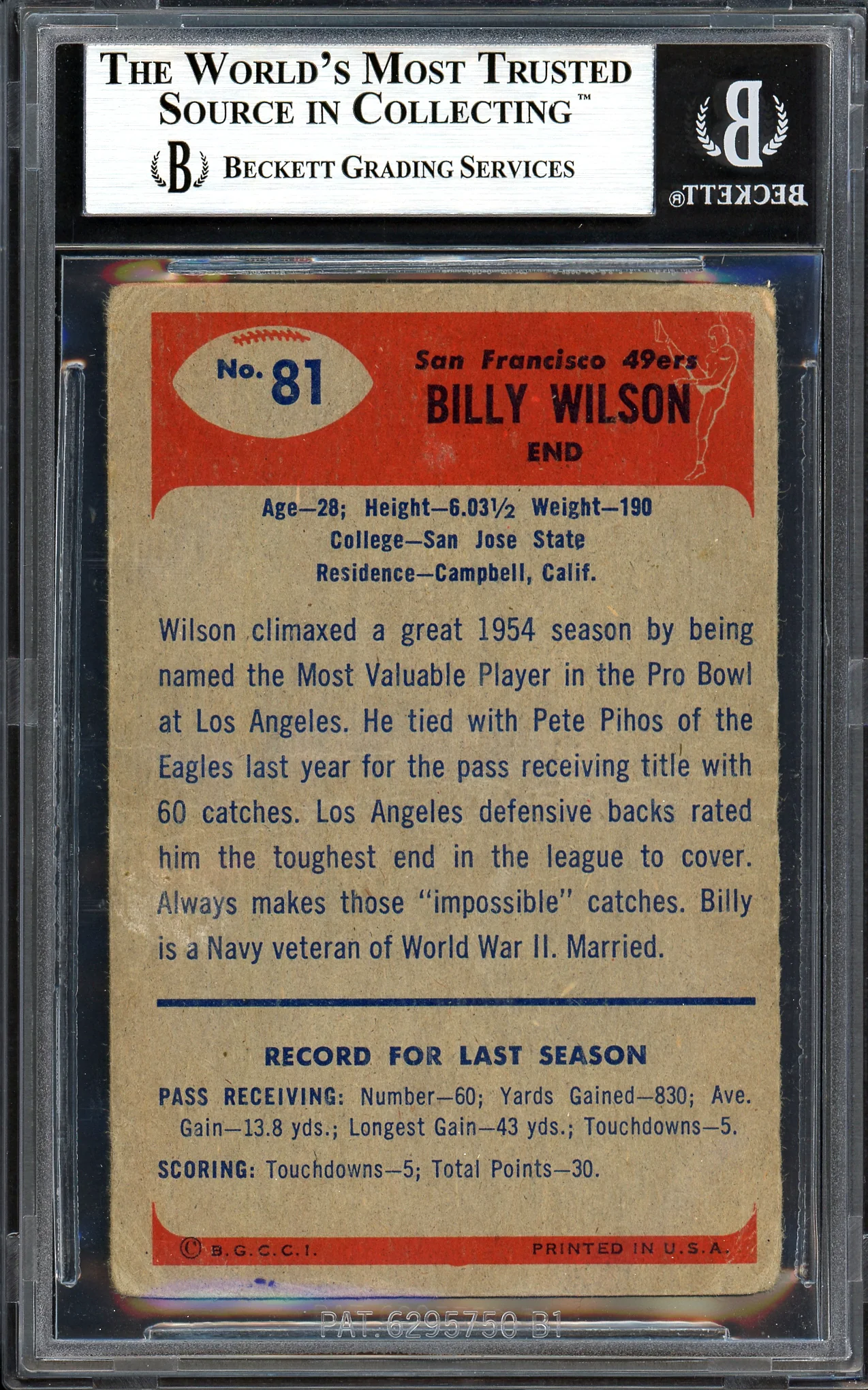 Billy Wilson Autographed 1955 Bowman Rookie Card #81 San Francisco 49ers Beckett BAS #13610038 - Image 2