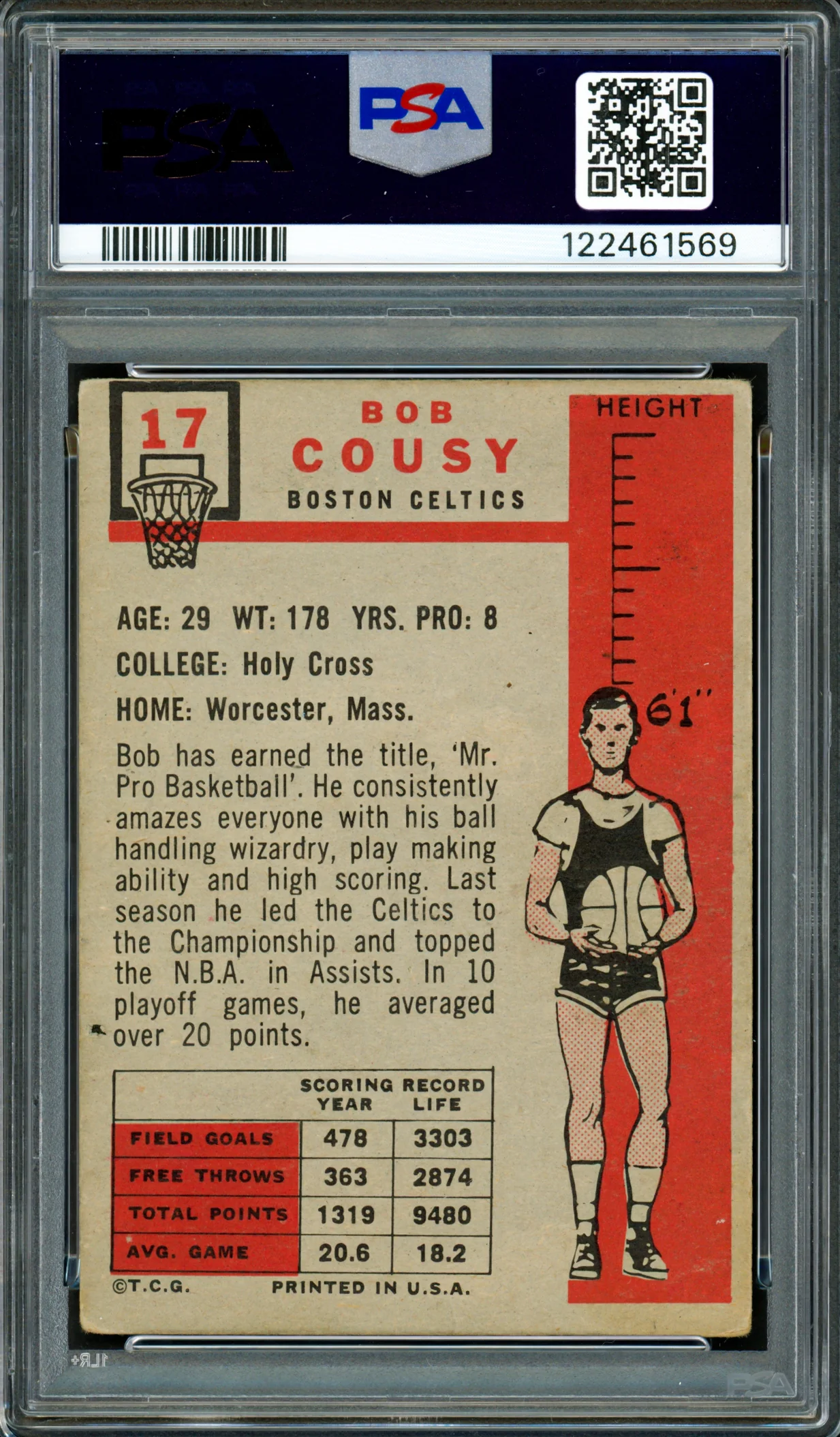 Bob Cousy Autographed 1957-58 Topps Rookie Card #17 Boston Celtics Auto Grade 4 PSA/DNA #122461569 - Image 2