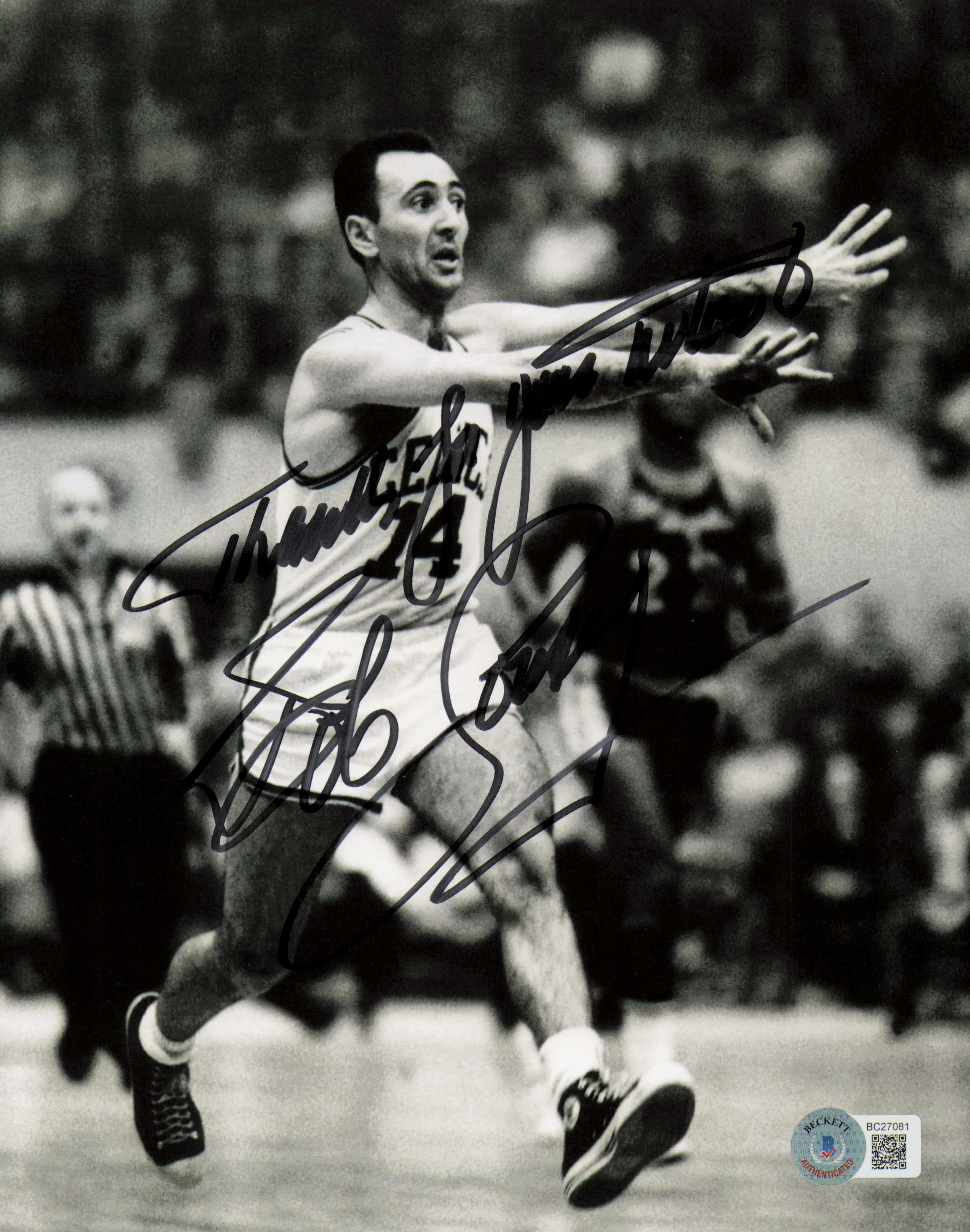 Bob Cousy Autographed 8x10 Photo Boston Celtics "Thanks For Your Wishes" Beckett BAS QR #BC27081
