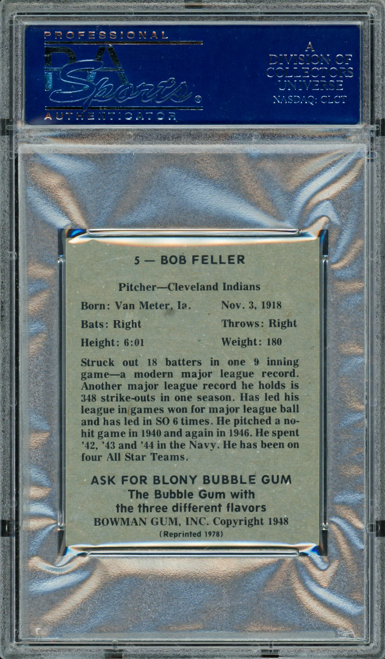 Bob Feller Autographed 1978 Reprint 1948 Bowman Card #5 Cleveland Indians PSA/DNA #83527291 - Image 2