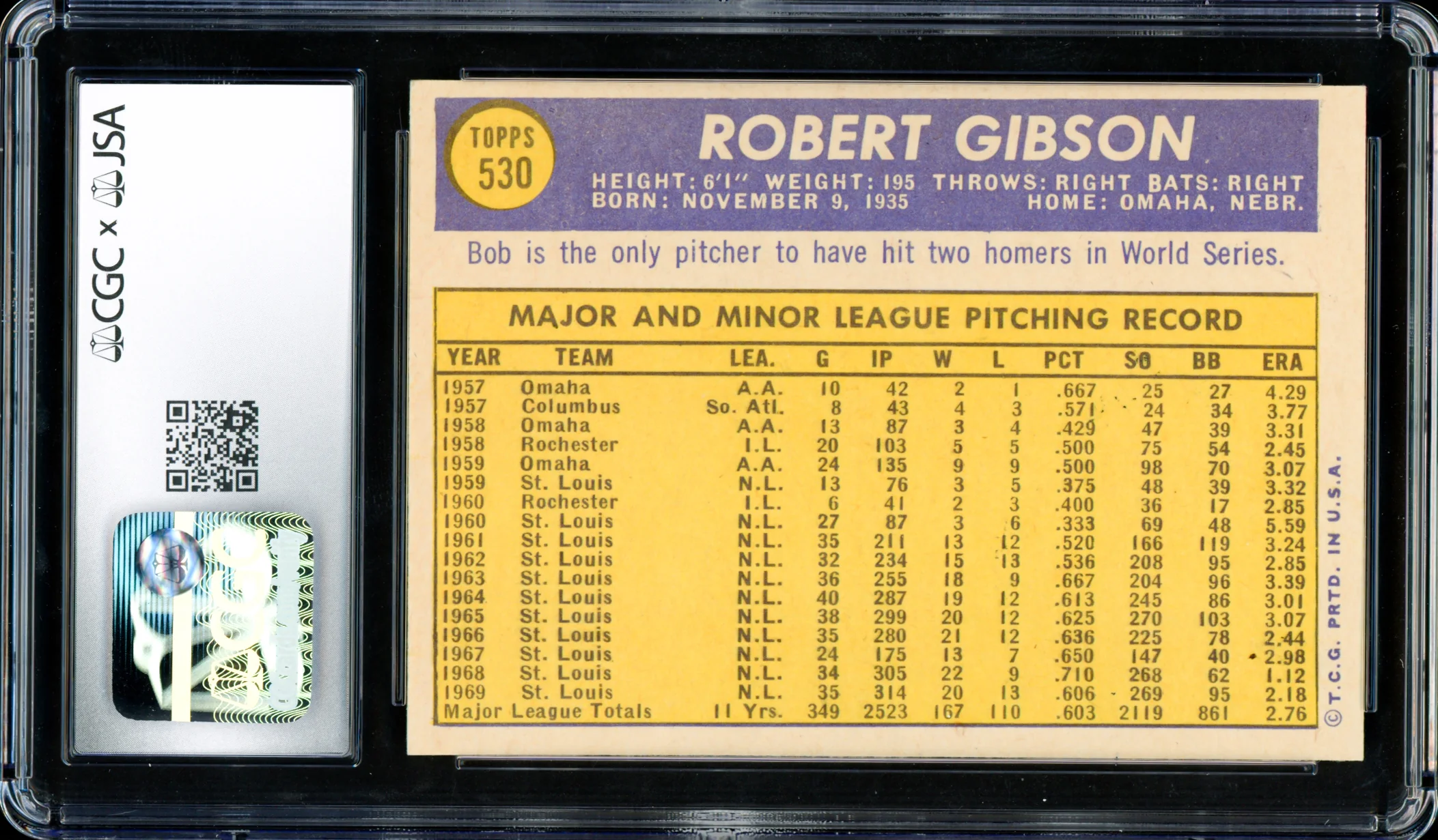 Bob Gibson Autographed 1970 Topps Card #530 St. Louis Cardinals CGC x JSA 6 Auto Grade Near Mint/Mint 8 CGC x JSA #6003470013 - Image 2