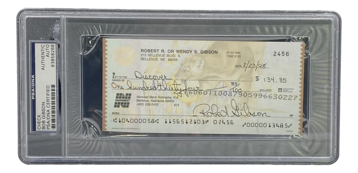 Bob Gibson St. Louis Cardinals Signed Slabbed Bank Check #2456 PSA/DNA