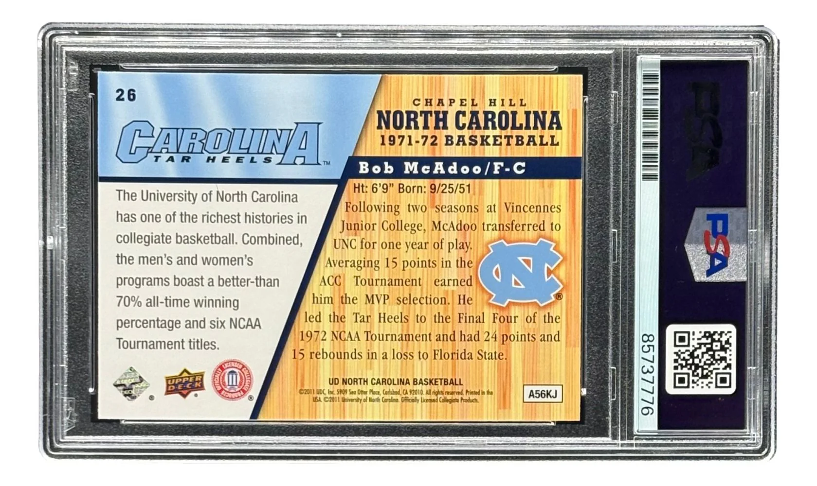 Bob McAdoo Signed 2011 Upper Deck #26 North Carolina Trading Card PSA/DNA - Image 2