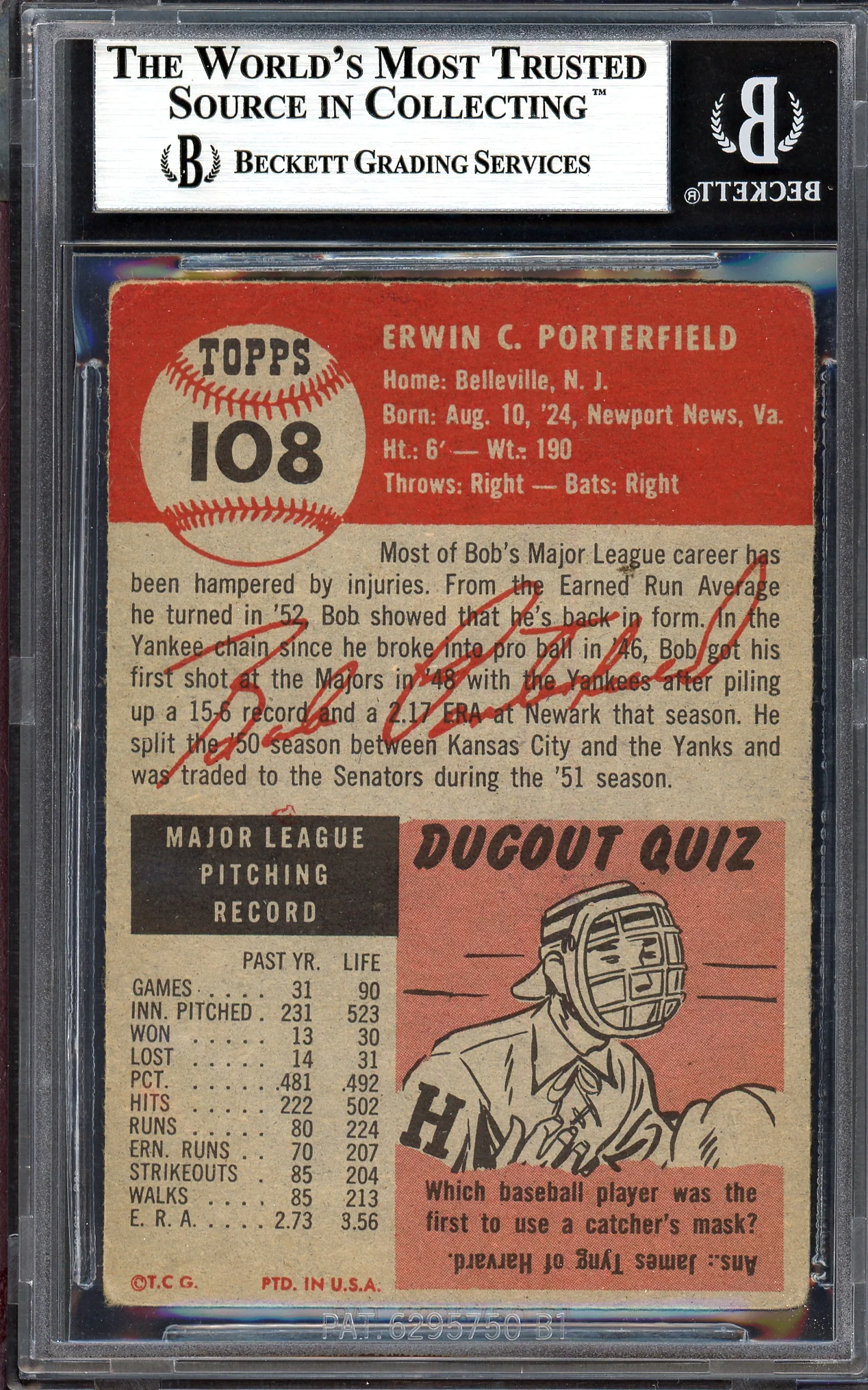 Bob Porterfield Autographed 1953 Topps Card #108 Washington Nationals Beckett BAS #13609925 - Image 2