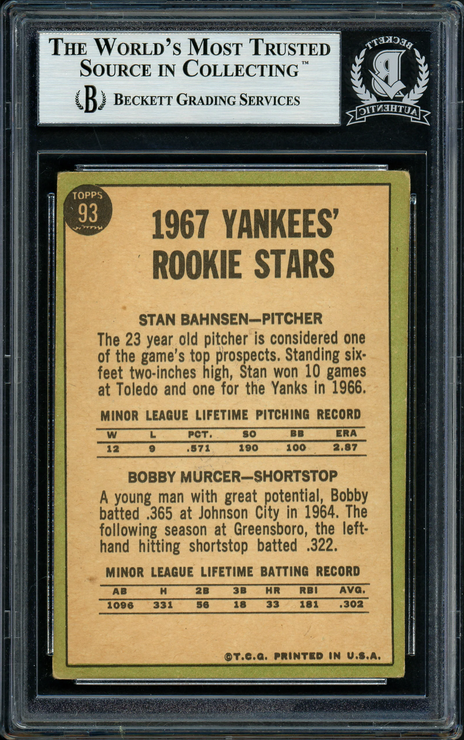 Bobby Murcer & Stan Bahnsen Autographed 1967 Topps Rookie Card #93 New York Yankees Beckett BAS #11627917 - Image 2