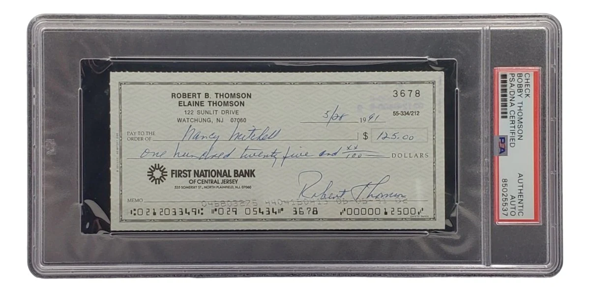 Bobby Thomson New York Giants Signed Bank Check PSA/DNA 85025537