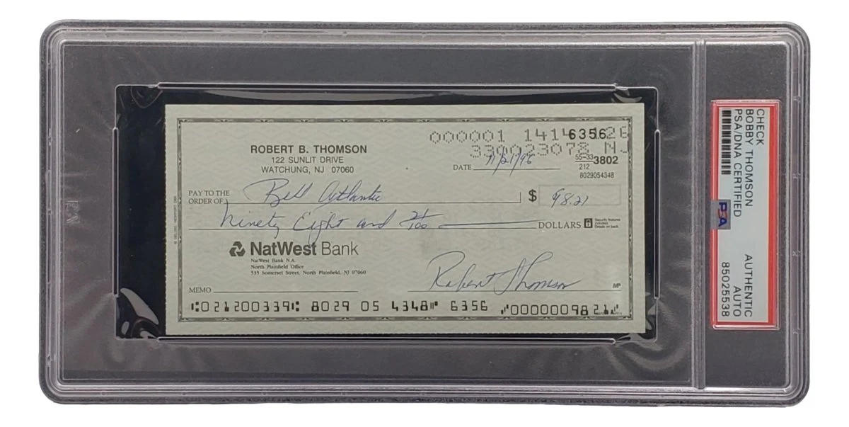 Bobby Thomson New York Giants Signed Bank Check PSA/DNA 85025538