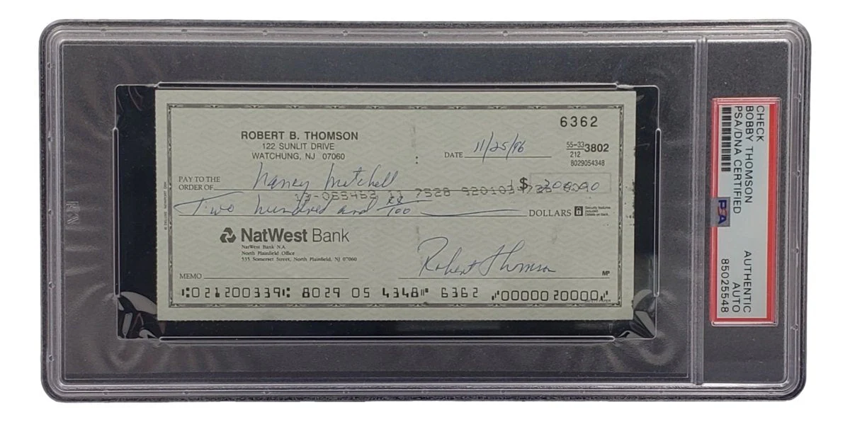 Bobby Thomson New York Giants Signed Bank Check PSA/DNA 85025548