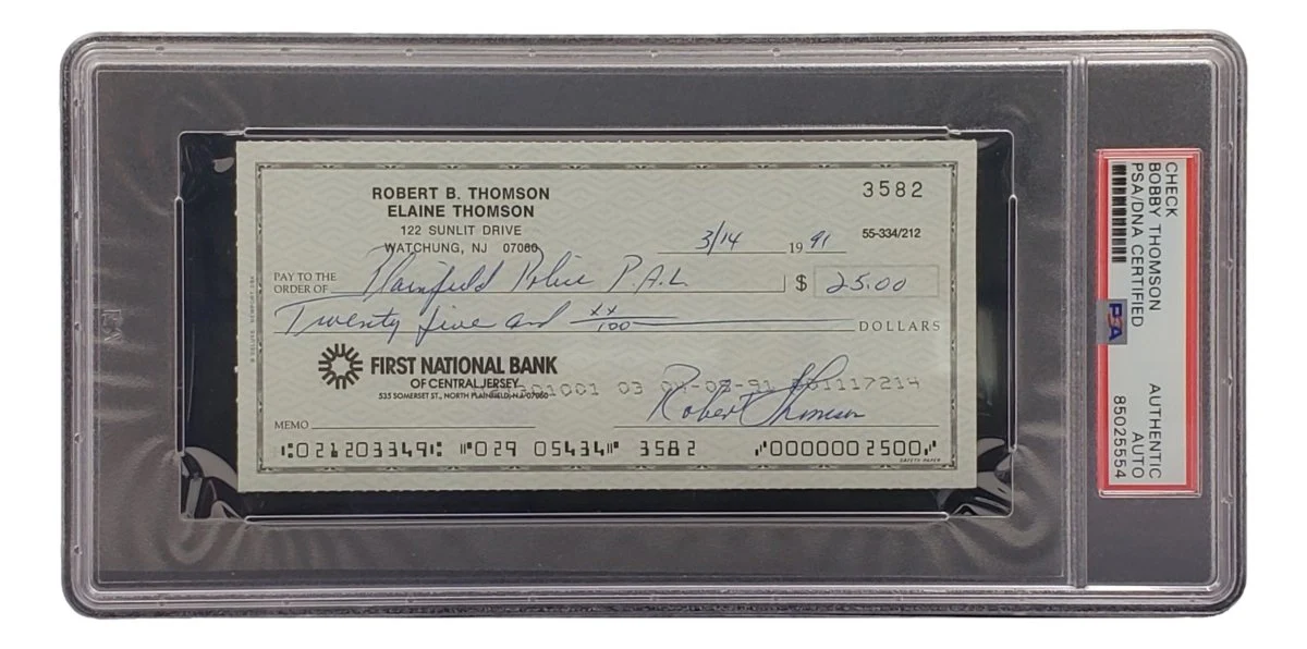 Bobby Thomson New York Giants Signed Bank Check PSA/DNA 85025554