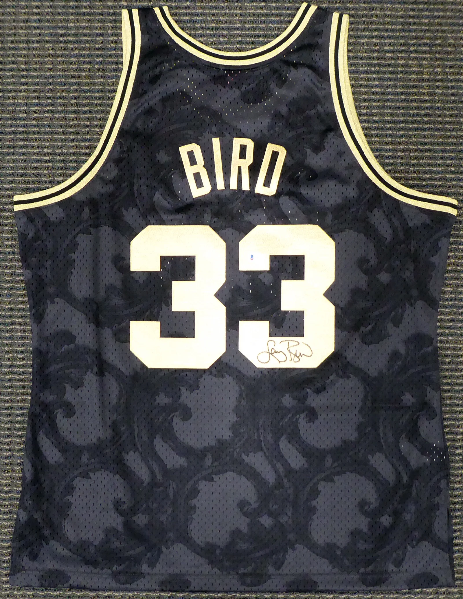 Boston Celtics Larry Bird Autographed Black Mitchell & Ness Gold Toile Swingman Jersey Size XL Beckett BAS Stock #177716 - Image 2