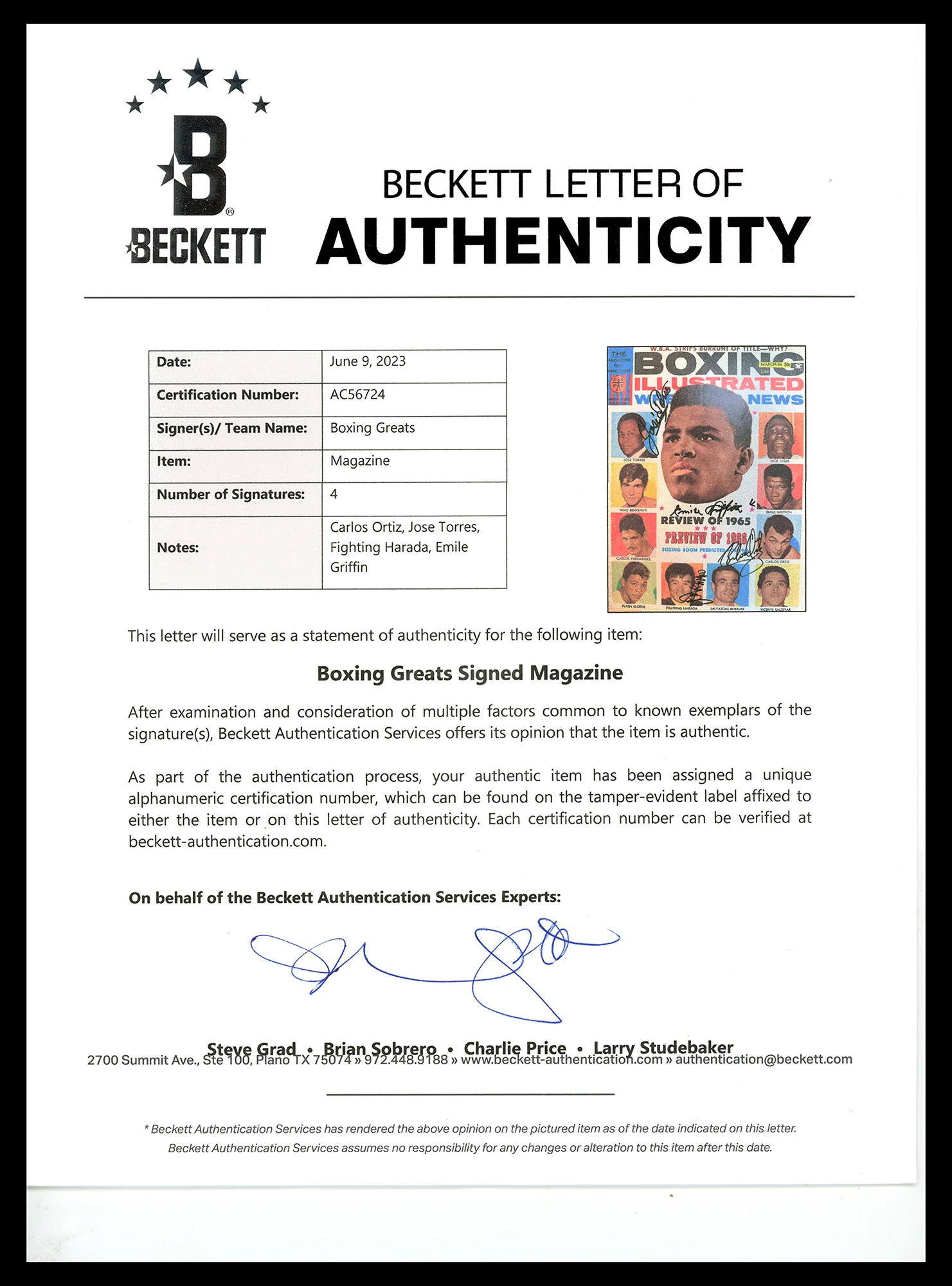 Boxing Legends Autographed Boxing Illustrated Magazine With 4 Signatures Including Fighting Harada & Emile Griffith Beckett BAS #AC56724 - Image 3