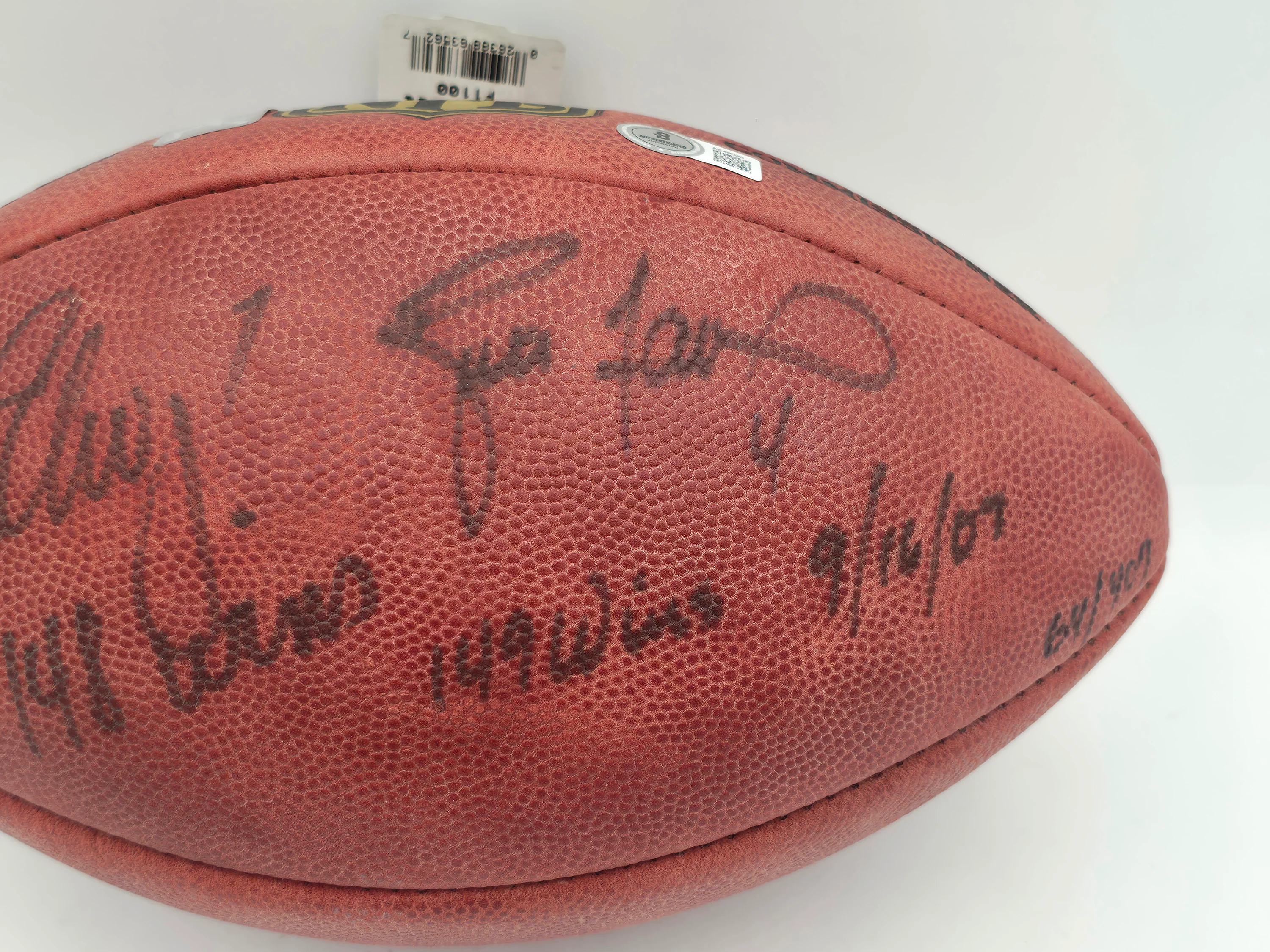Brett Favre & John Elway Autographed Football "149 wins, 148 wins" Beckett BAS #AE49026 - Image 3