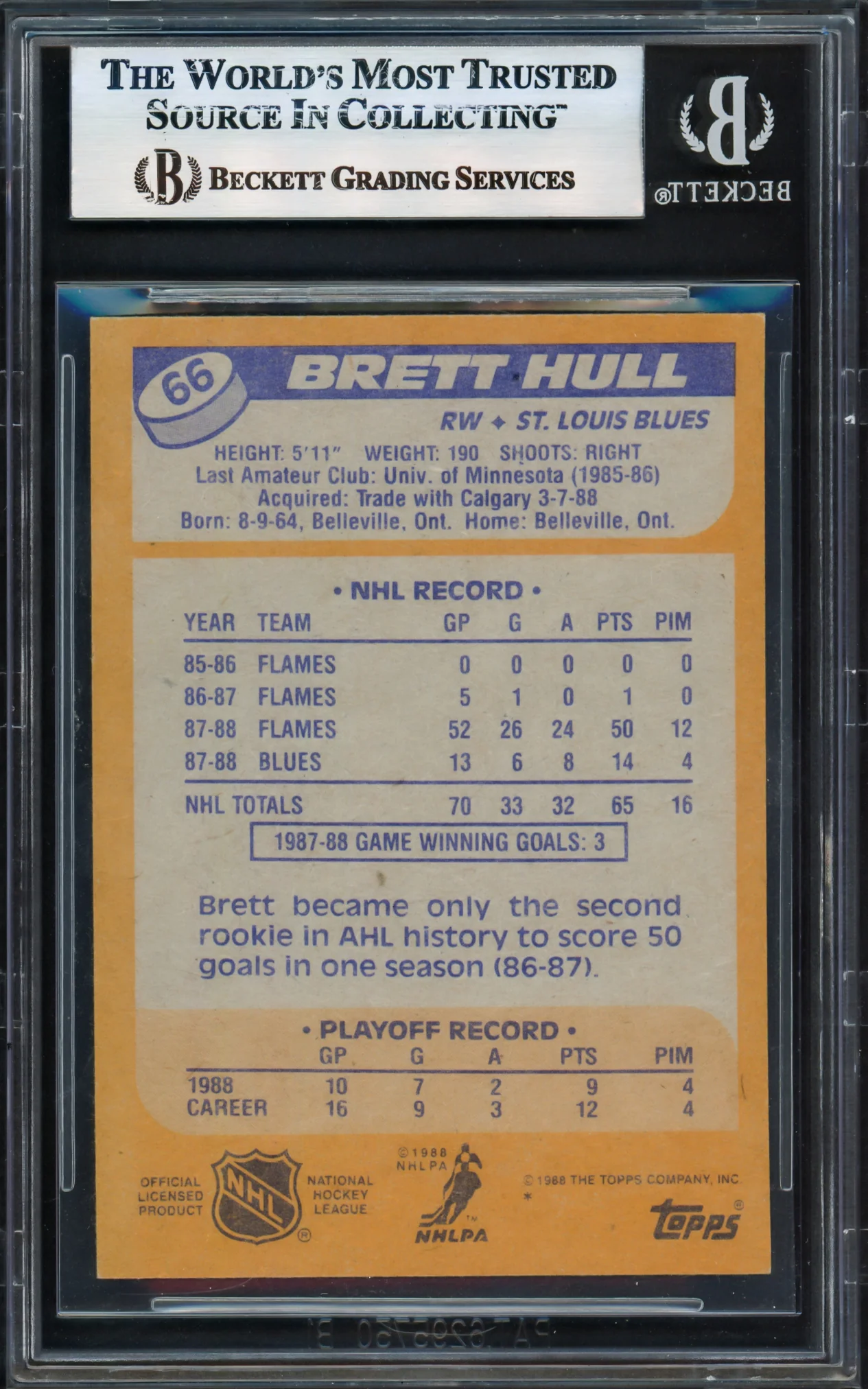 Brett Hull Autographed 1988-89 Topps Rookie Card #66 St. Louis Blues Beckett BAS Stock #239927 - Image 2