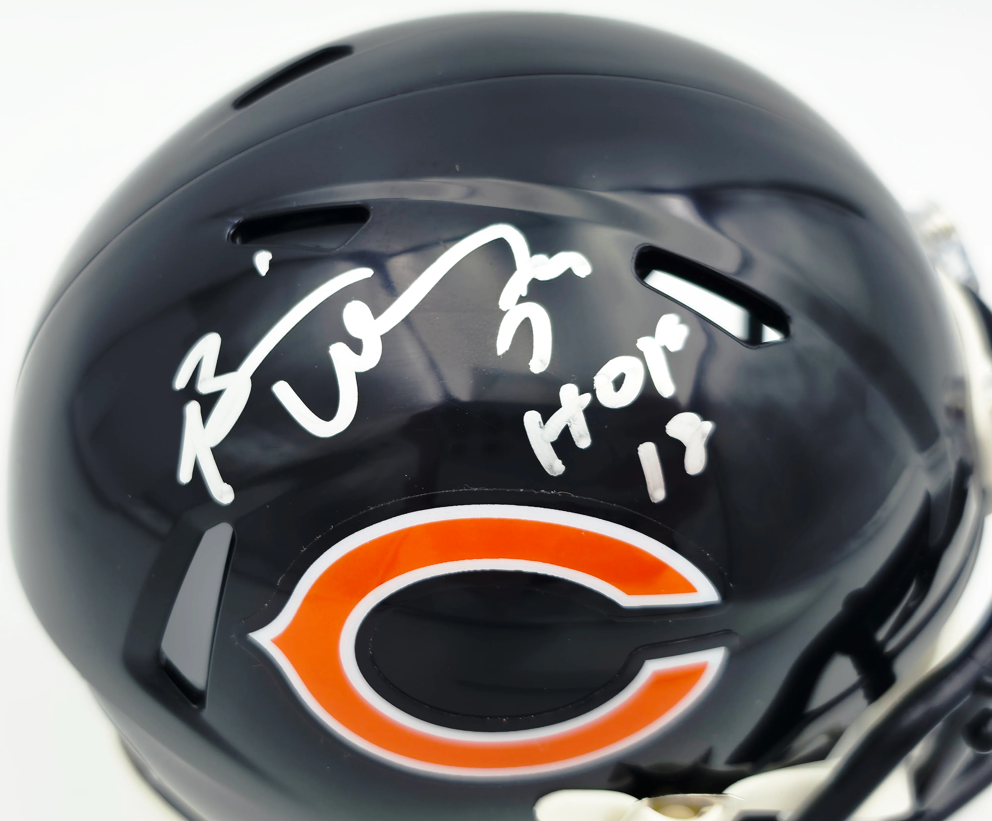 Brian Urlacher Autographed Chicago Bears Blue Speed Mini Helmet (In Silver) "HOF 18" Beckett BAS Witness Stock #261923 - Image 2