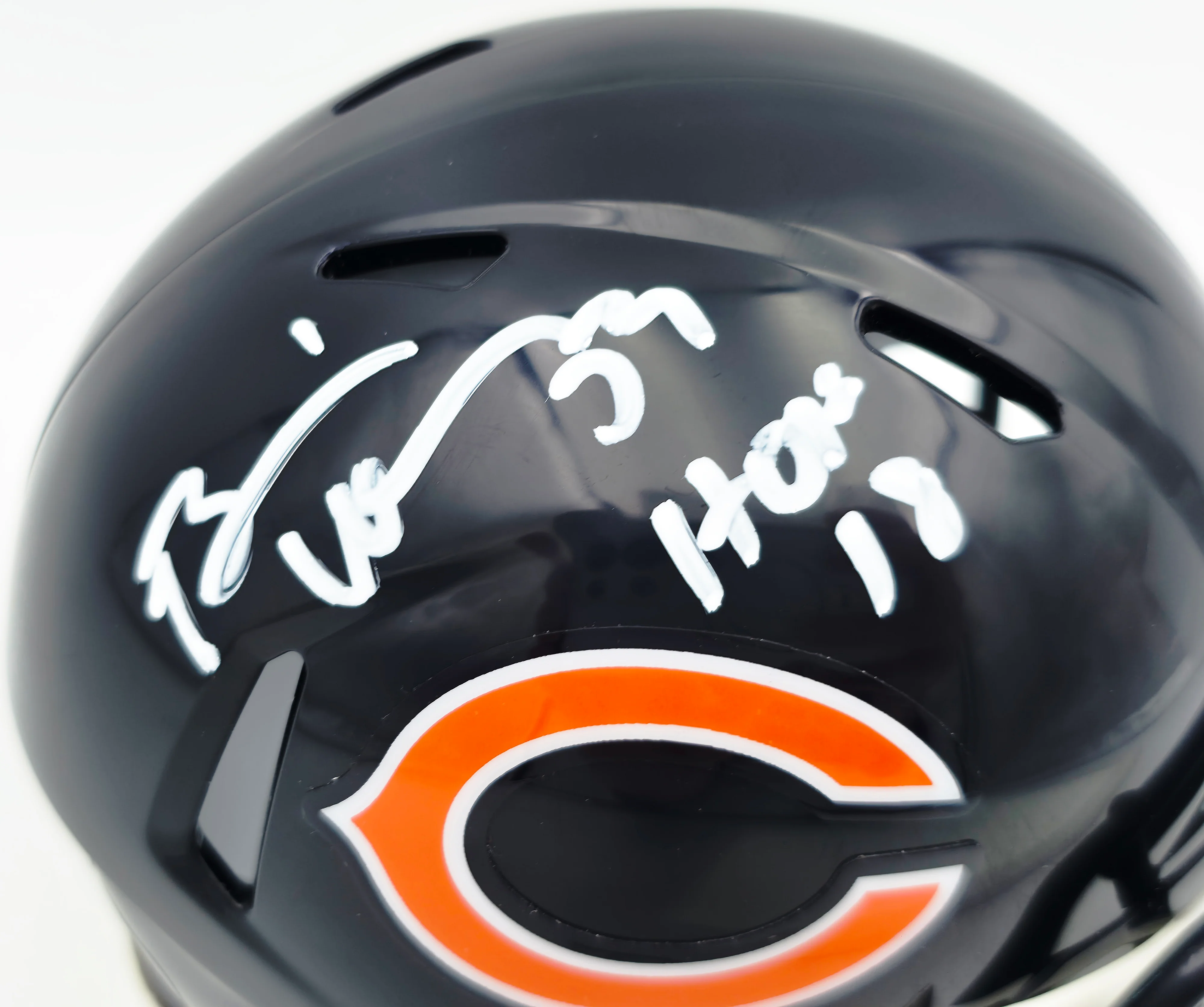 Brian Urlacher Autographed Chicago Bears Blue Speed Mini Helmet (In White) "HOF 18" Beckett BAS Witness Stock #261924 - Image 2