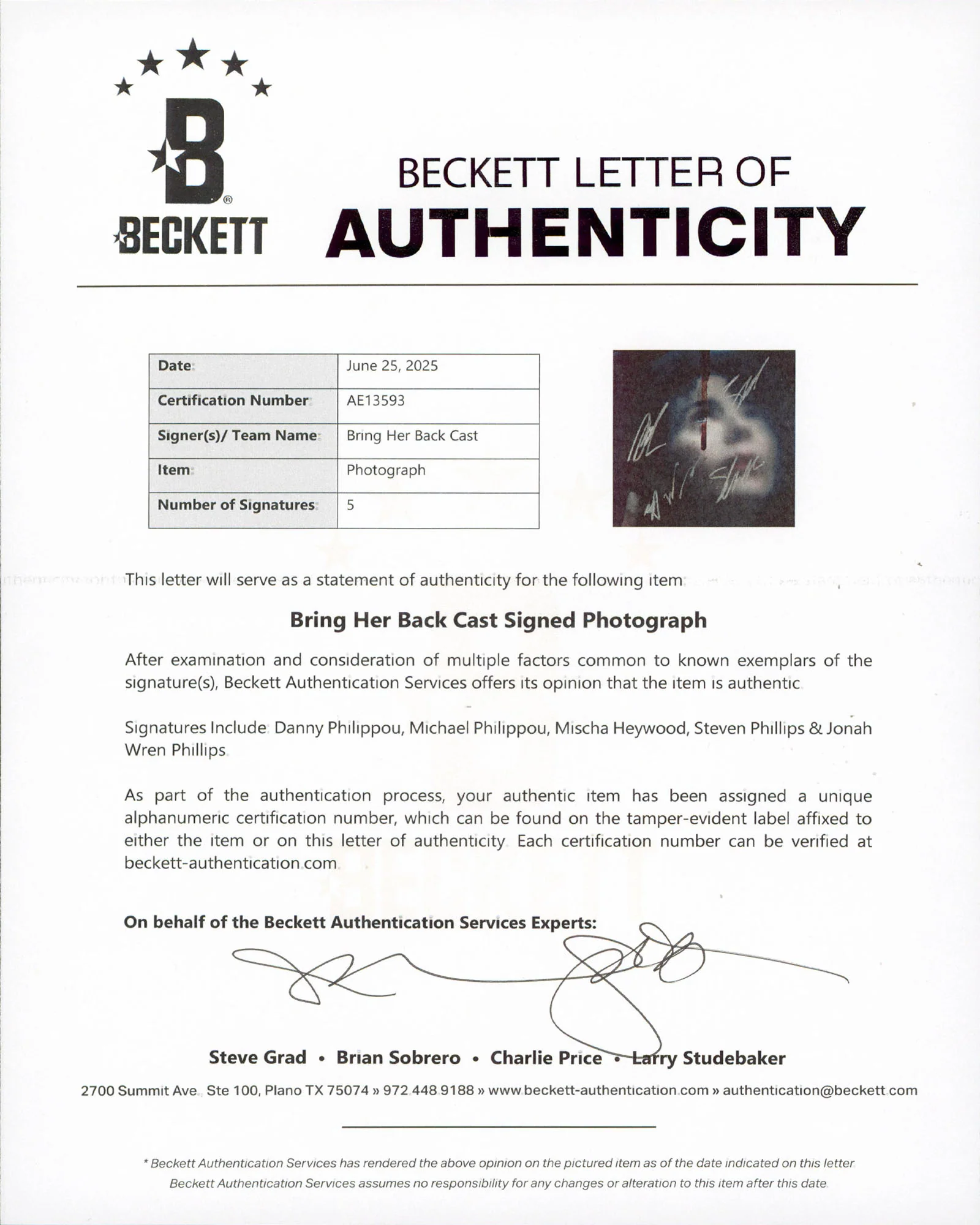 Bring Her Back (5) Heywood, Phillips +3 Signed 11x14 Photo BAS #AE13593 - Image 3