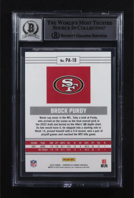 Brock Purdy Signed 2022 Panini Chronicles Panini #19 RC BGS Auto 10 - Image 2