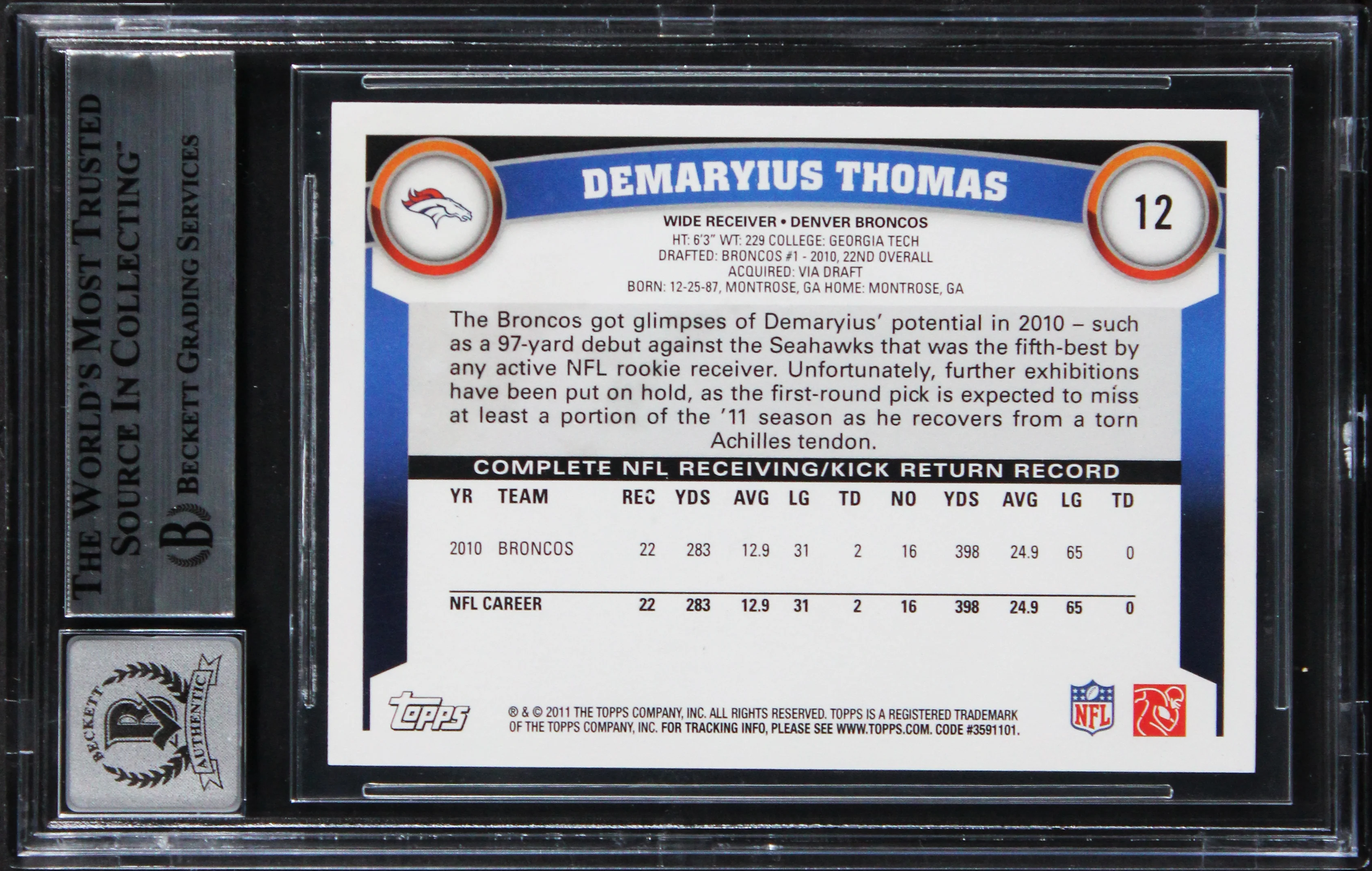 Broncos Demaryius Thomas Signed 2011 Topps #12 Card Auto Grade 10! BAS Slabbed - Image 3
