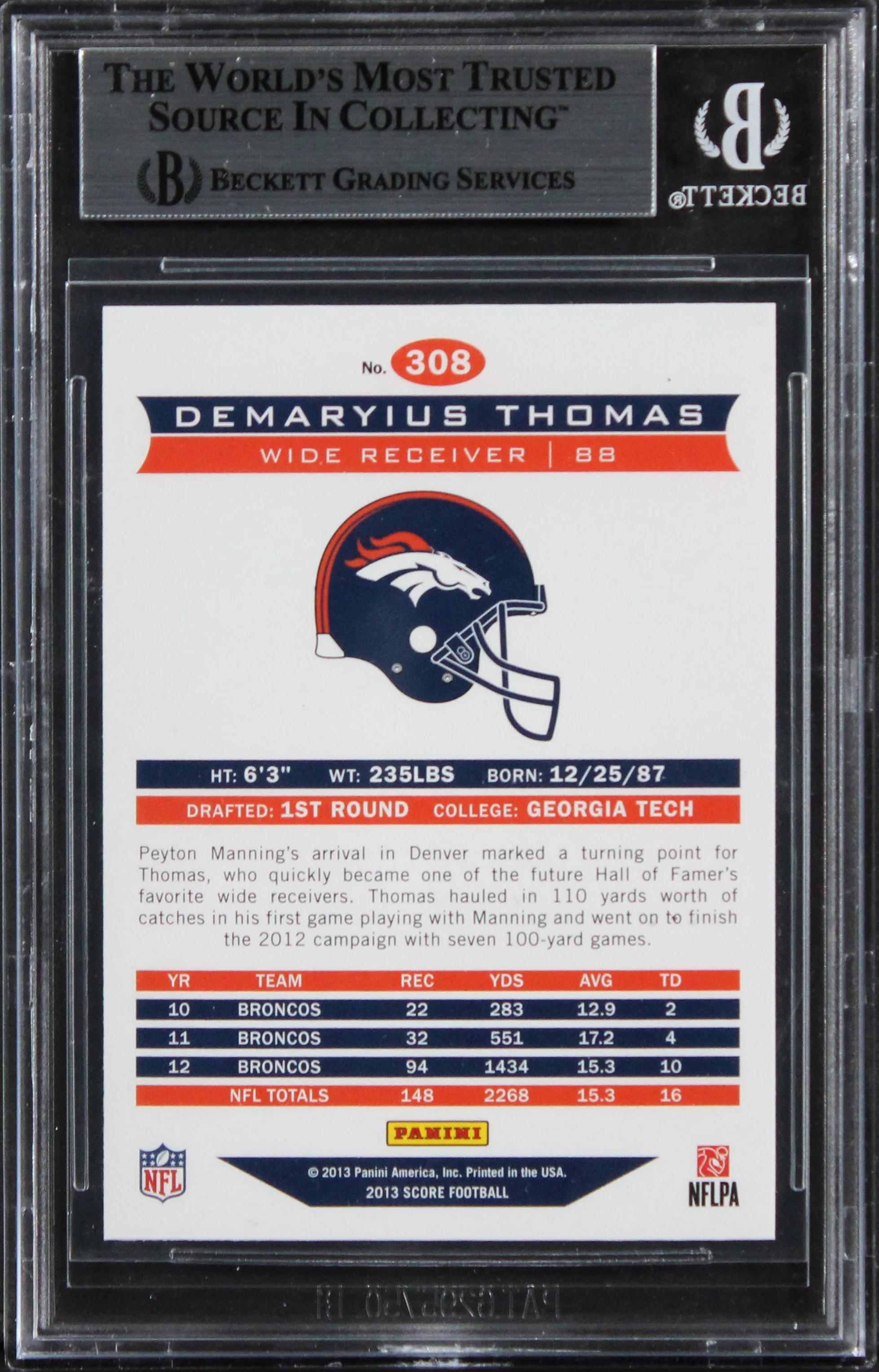 Broncos Demaryius Thomas Signed 2013 Score #308 Card Autographed BAS Slabbed - Image 3
