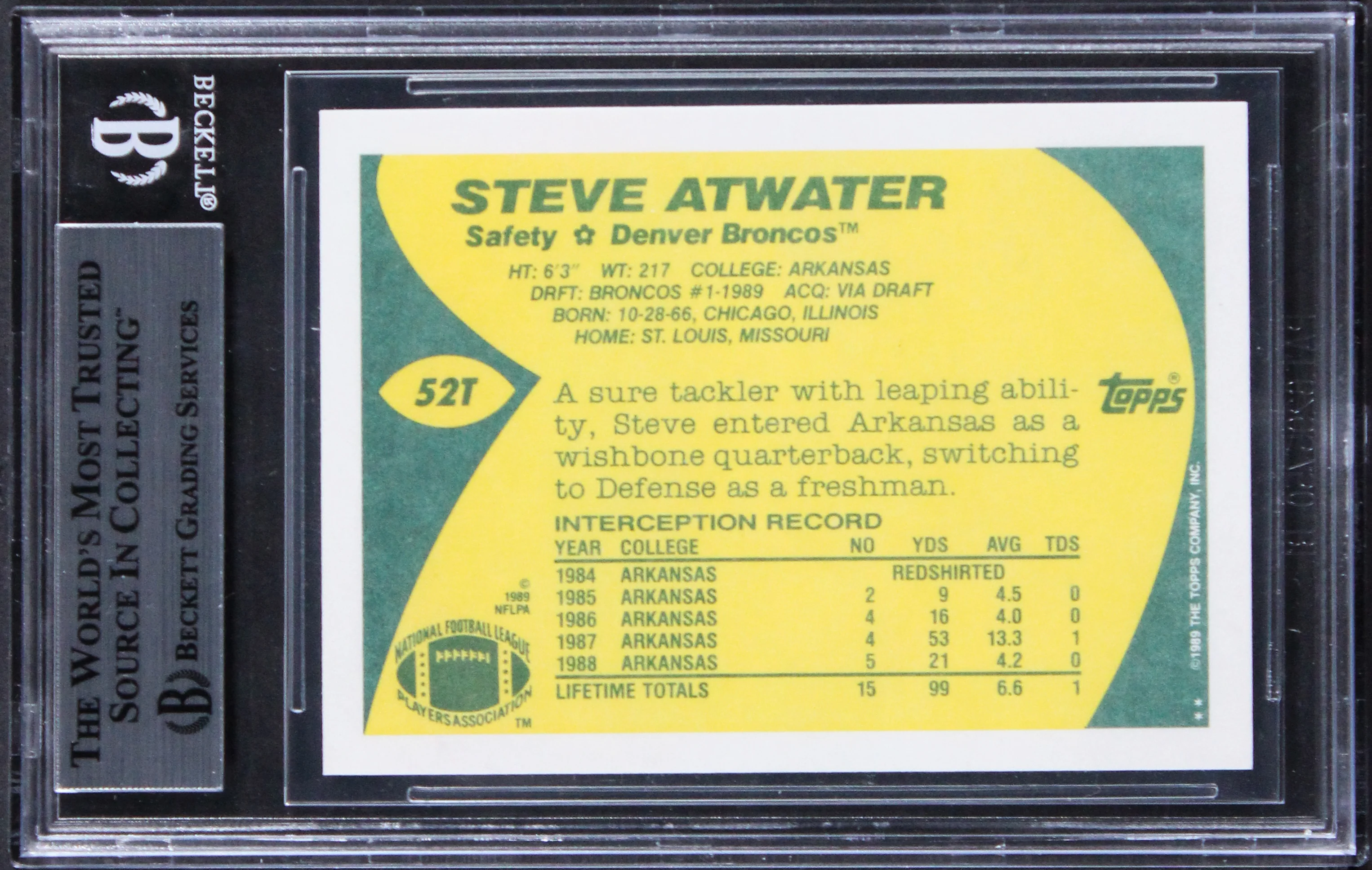 Broncos Steve Atwater Signed 1989 Topps Traded #52T Rookie Card BAS Slabbed - Image 3