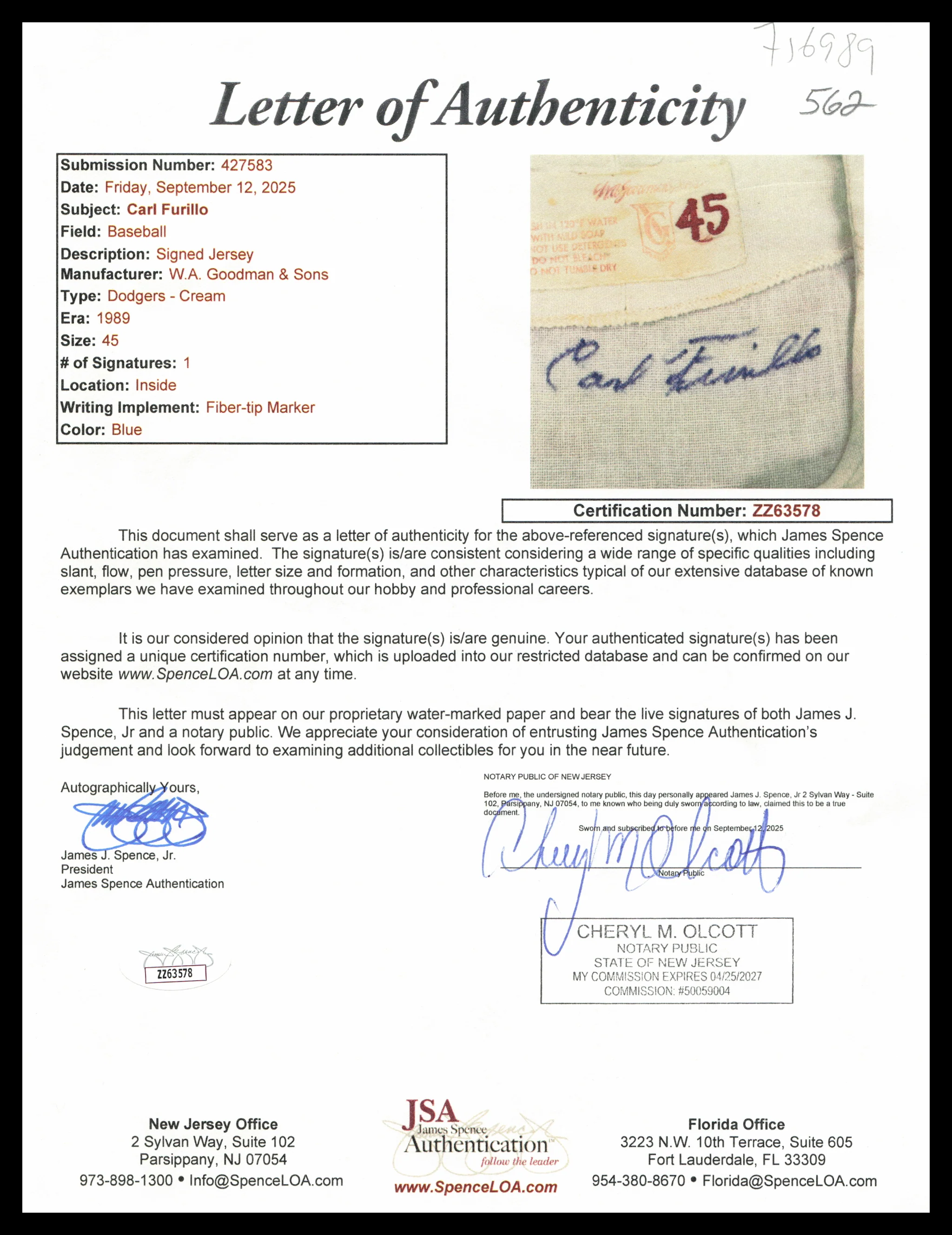 Brooklyn Dodgers Carl Furillo Autographed Cream WA Goodman & Sons Jersey Vintage Signature JSA #ZZ63578 - Image 2