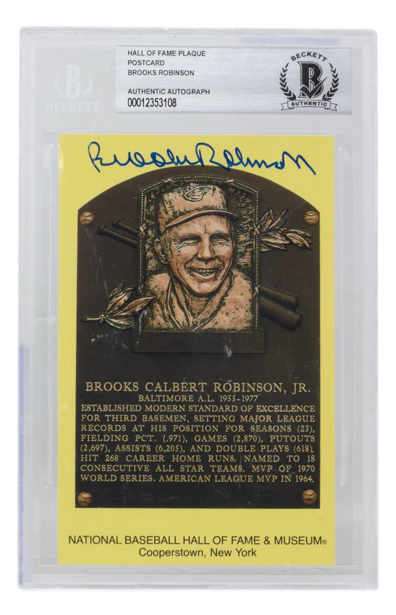 Brooks Robinson Signed Slabbed Orioles Hall of Fame Plaque Postcard BAS 108