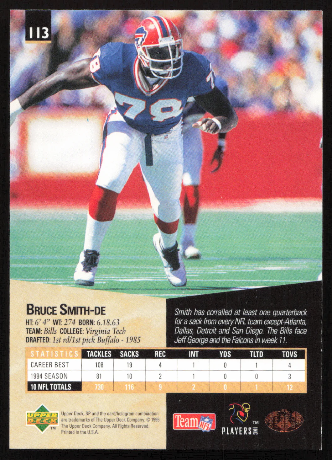 Bruce Smith Autographed 1995 Upper Deck SP Card #113 Buffalo Bills SKU #260730 - Image 2