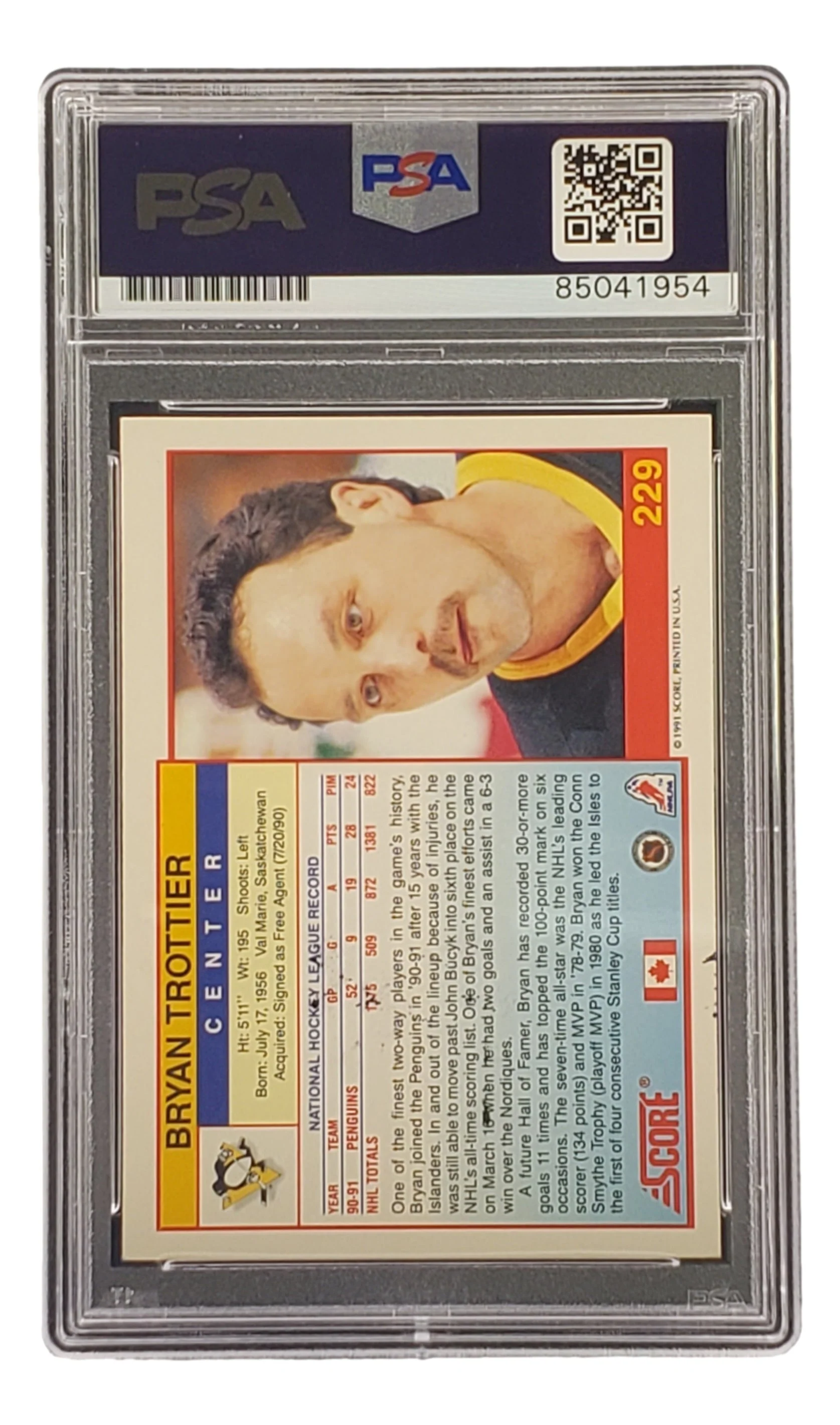 Bryan Trottier Signed 1991 Score #229 Pittsburgh Penguins Hockey Card PSA/DNA - Image 2