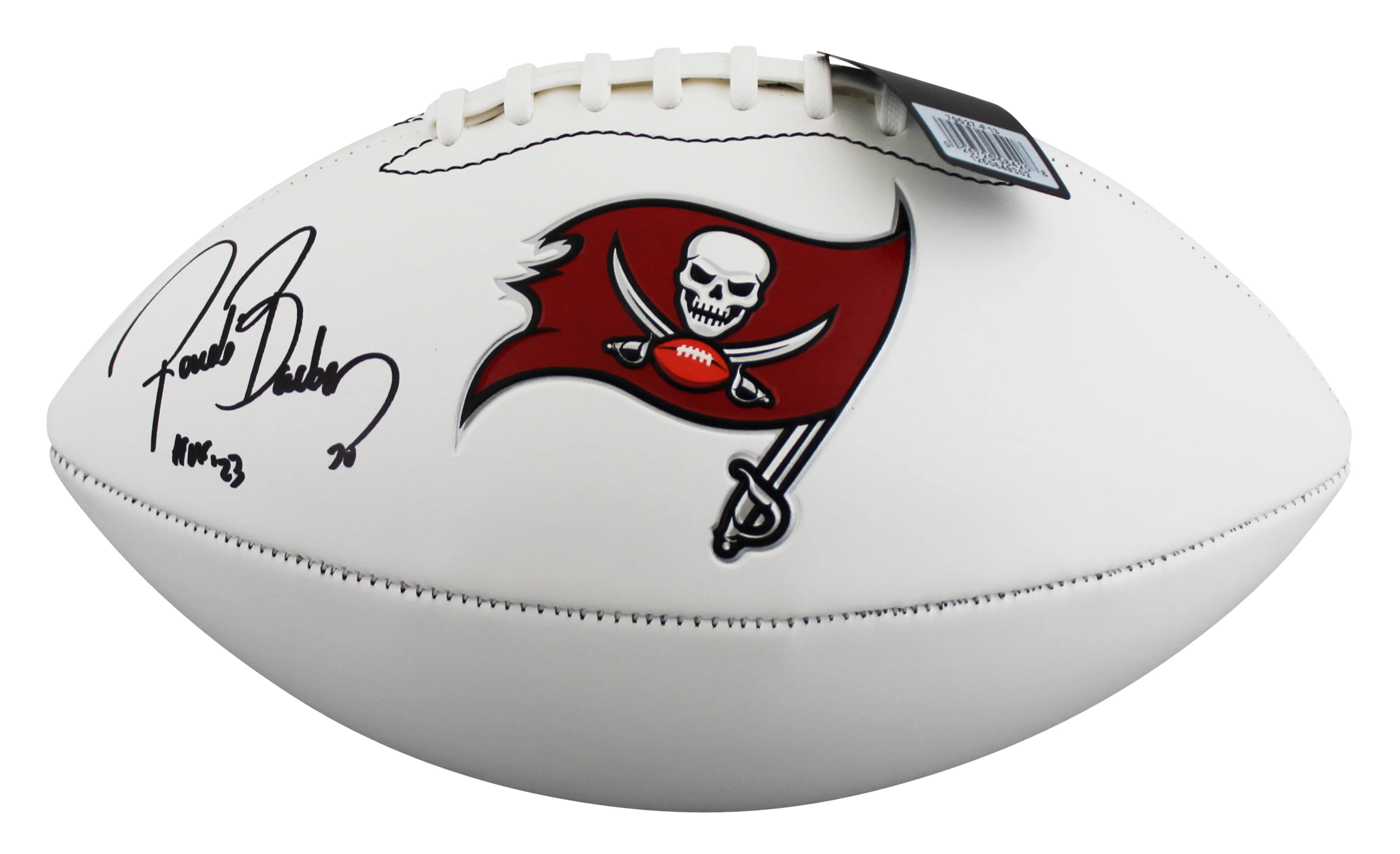 Buccaneers Ronde Barber "HOF 23" Signed White Panel Logo Football BAS Witnessed - Image 3