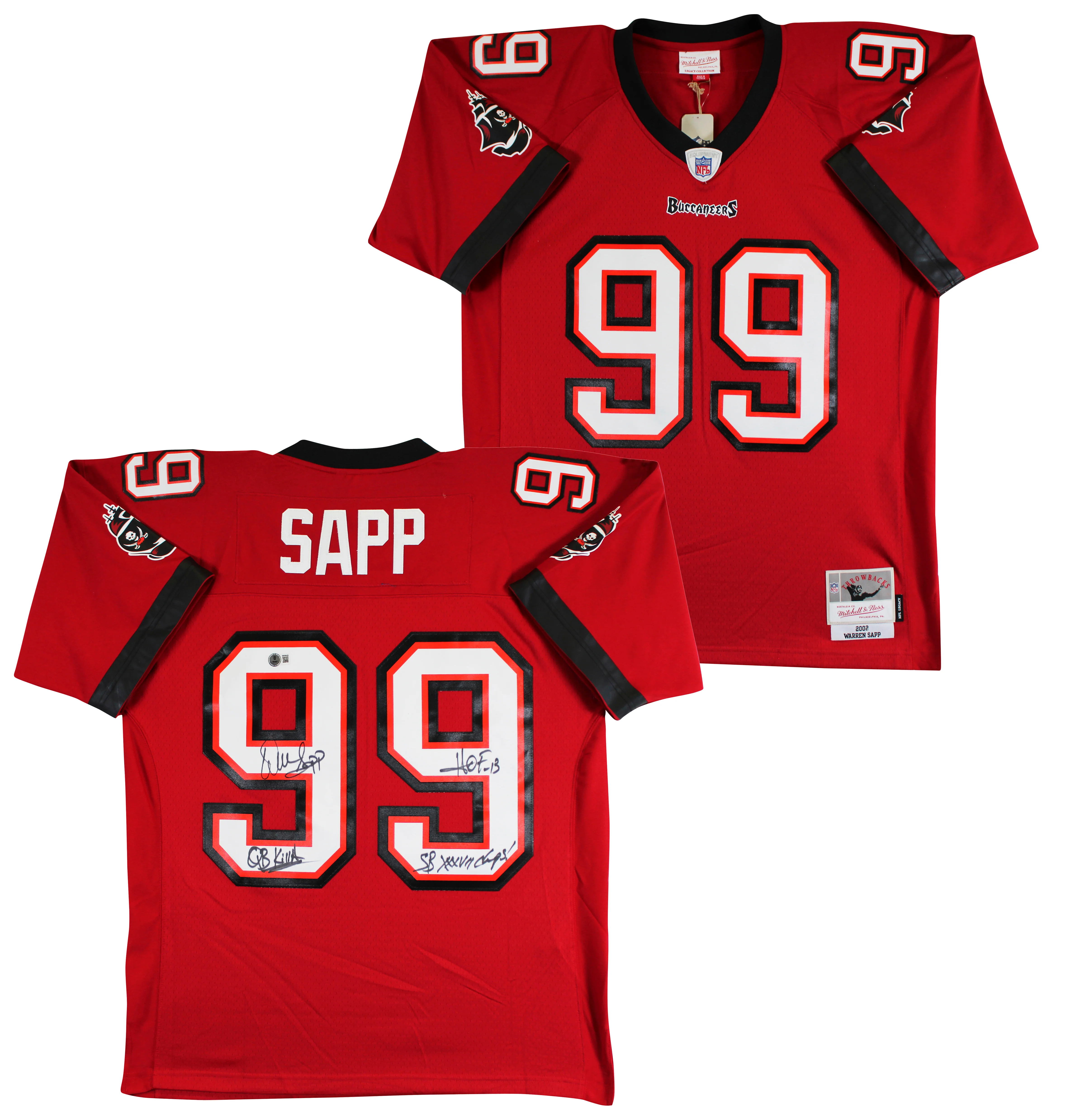 Buccaneers Warren Sapp "3x Insc" Signed Red Mitchell & Ness Jersey BAS Witnessed - Image 2