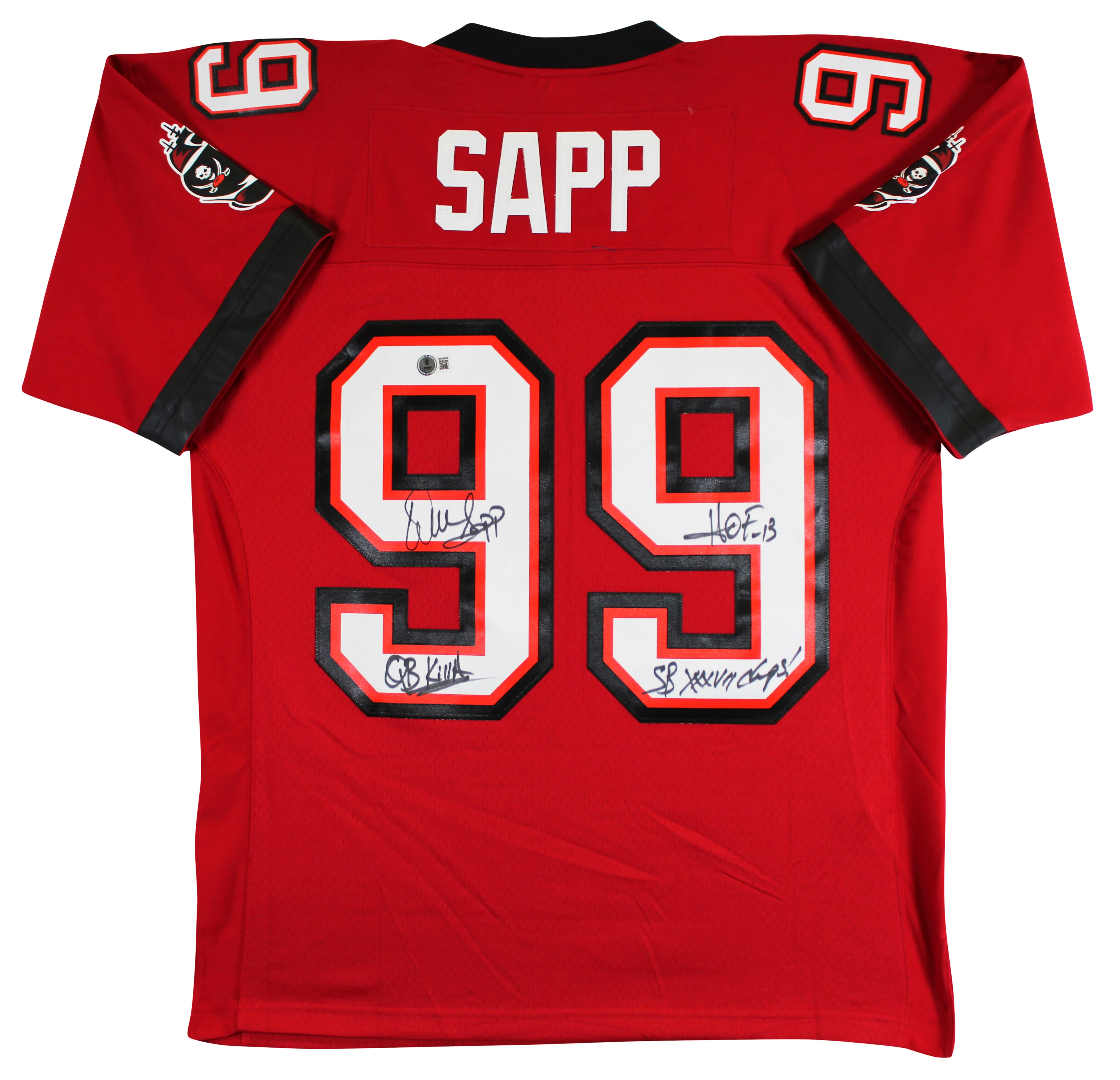 Buccaneers Warren Sapp "3x Insc" Signed Red Mitchell & Ness Jersey BAS Witnessed - Image 3