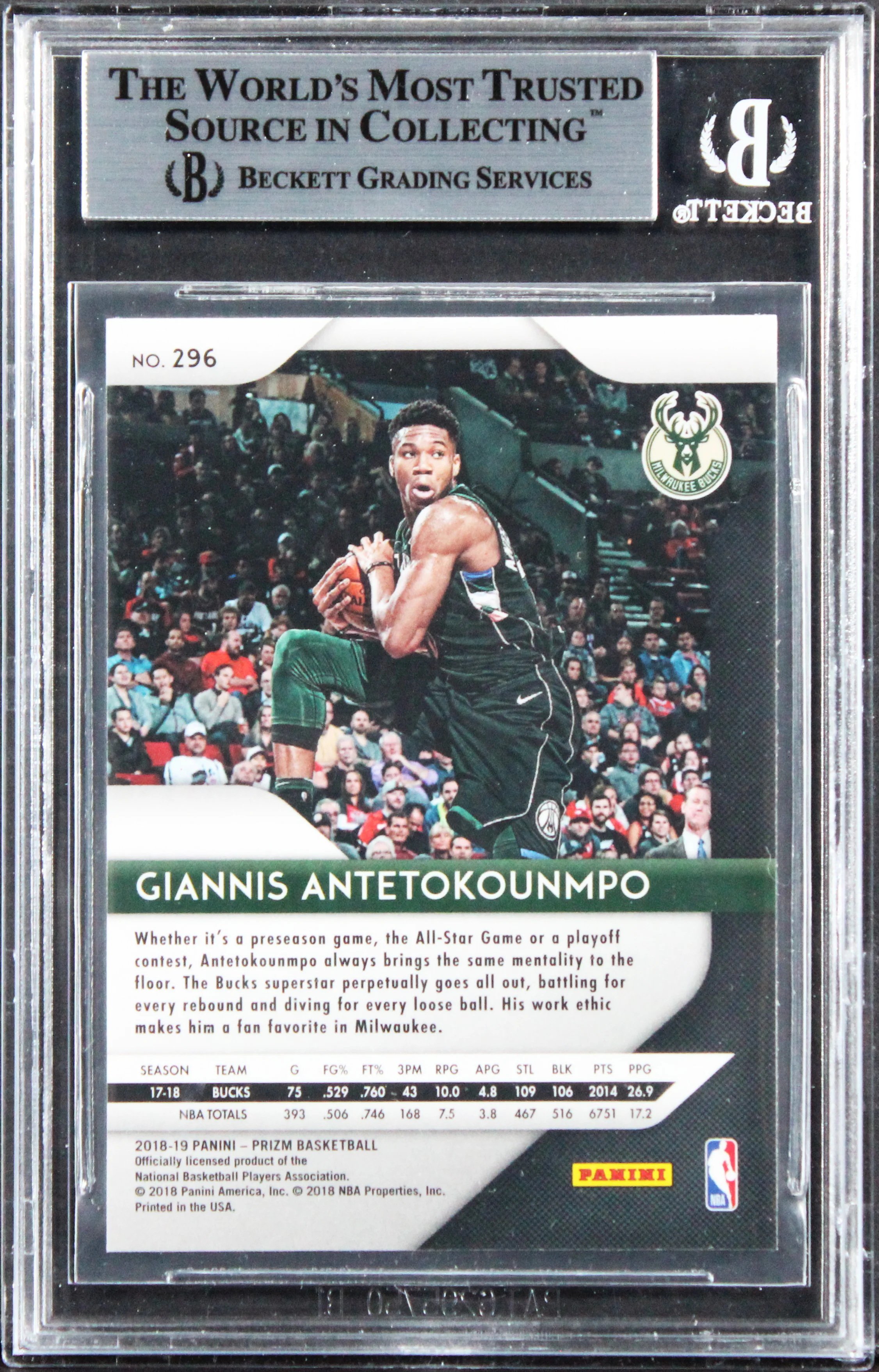 Bucks Giannis Antetokounmpo Signed 2018 Panini Prizm #296 Card BAS Slabbed - Image 3