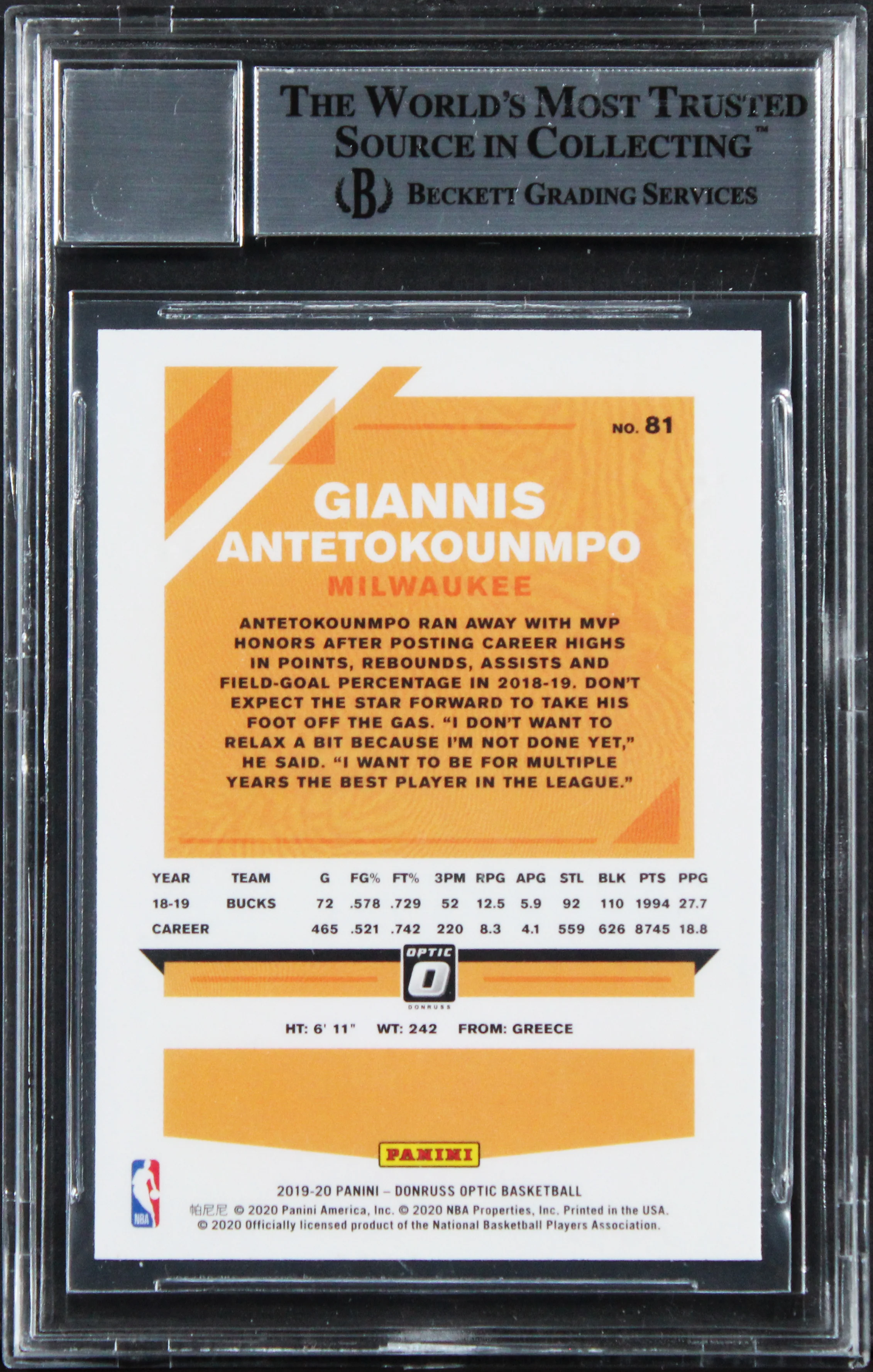 Bucks Giannis Antetokounmpo Signed 2019 Donruss Optic #81 Card Auto 10! BAS Slab - Image 3