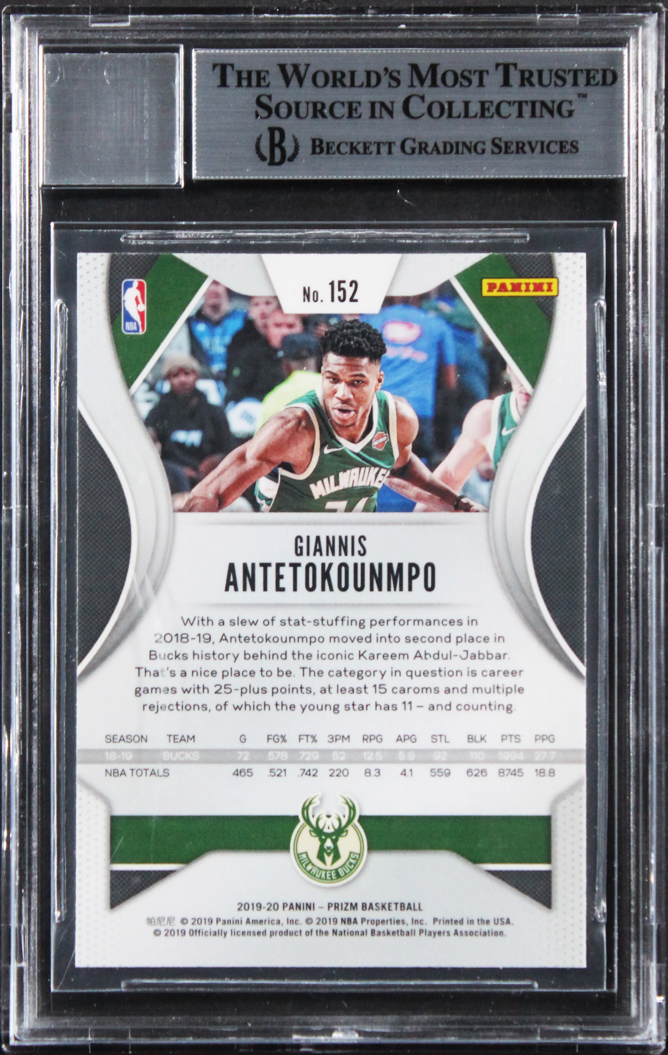Bucks Giannis Antetokounmpo Signed 2019 Panini Prizm #152 Card Auto 10! BAS Slab - Image 3