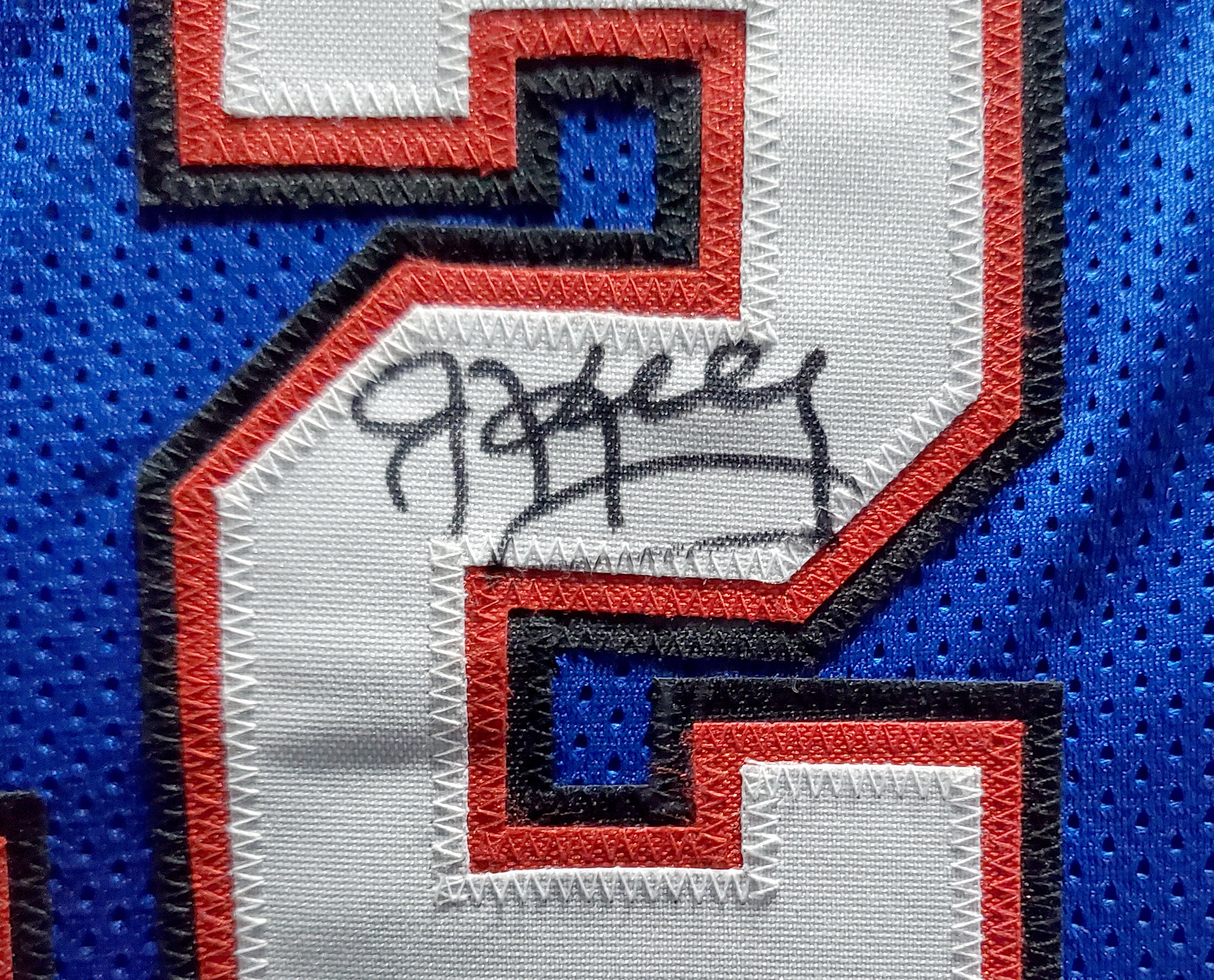 Buffalo Bills Team Greats Autographed Framed Blue Jersey With 3 Signatures Including Jim Kelly, Thurman Thomas & Andre Reed Beckett BAS Stock #195234 - Image 3