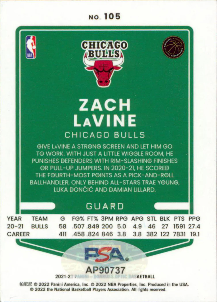 Bulls Zach LaVine Authentic Signed 2021 Donruss Optic #105 Card PSA/DNA #AP90737 - Image 3