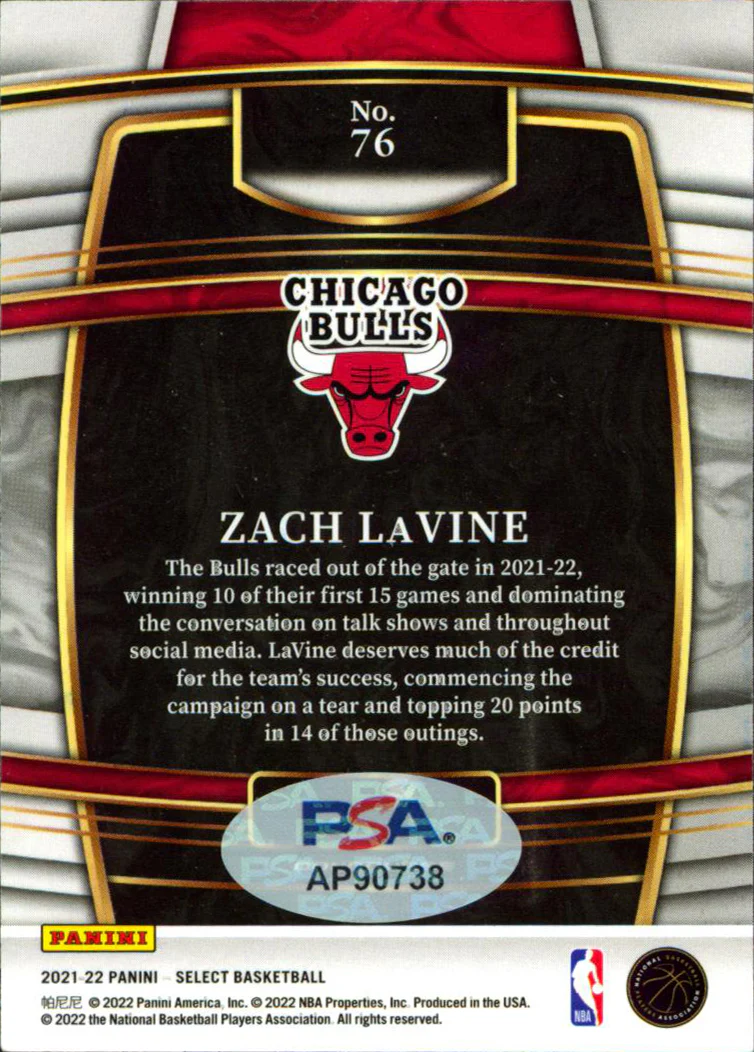 Bulls Zach LaVine Authentic Signed 2021 Panini Select #76 Card PSA/DNA #AP90738 - Image 3