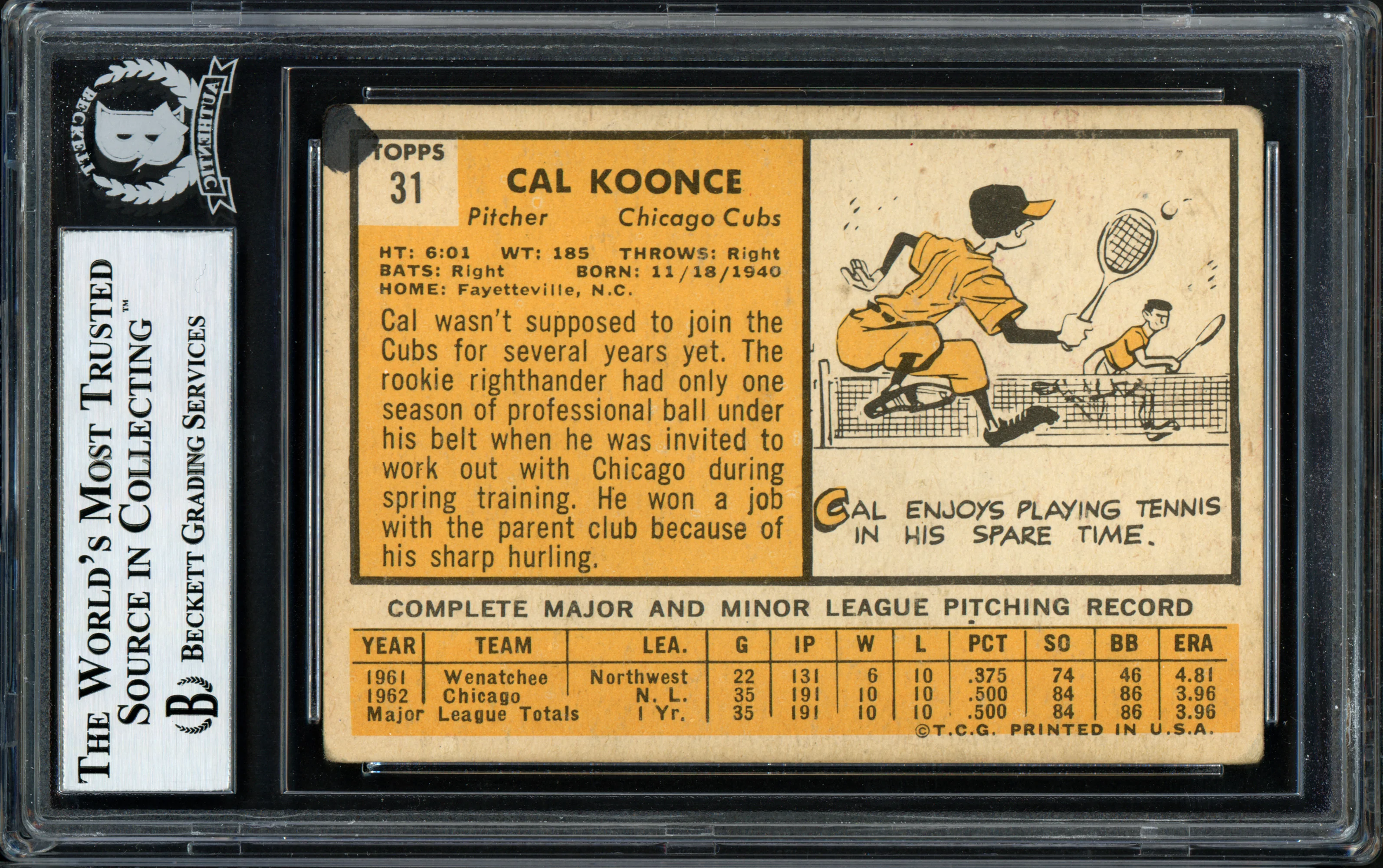 Cal Koonce Autographed 1963 Topps Card #31 Chicago Cubs Beckett BAS #12056839 - Image 2