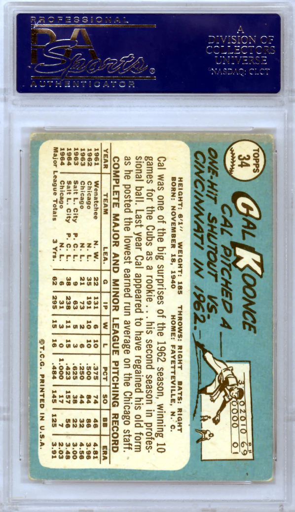 Cal Koonce Autographed 1965 Topps Card #34 Chicago Cubs PSA/DNA #65033010 - Image 2