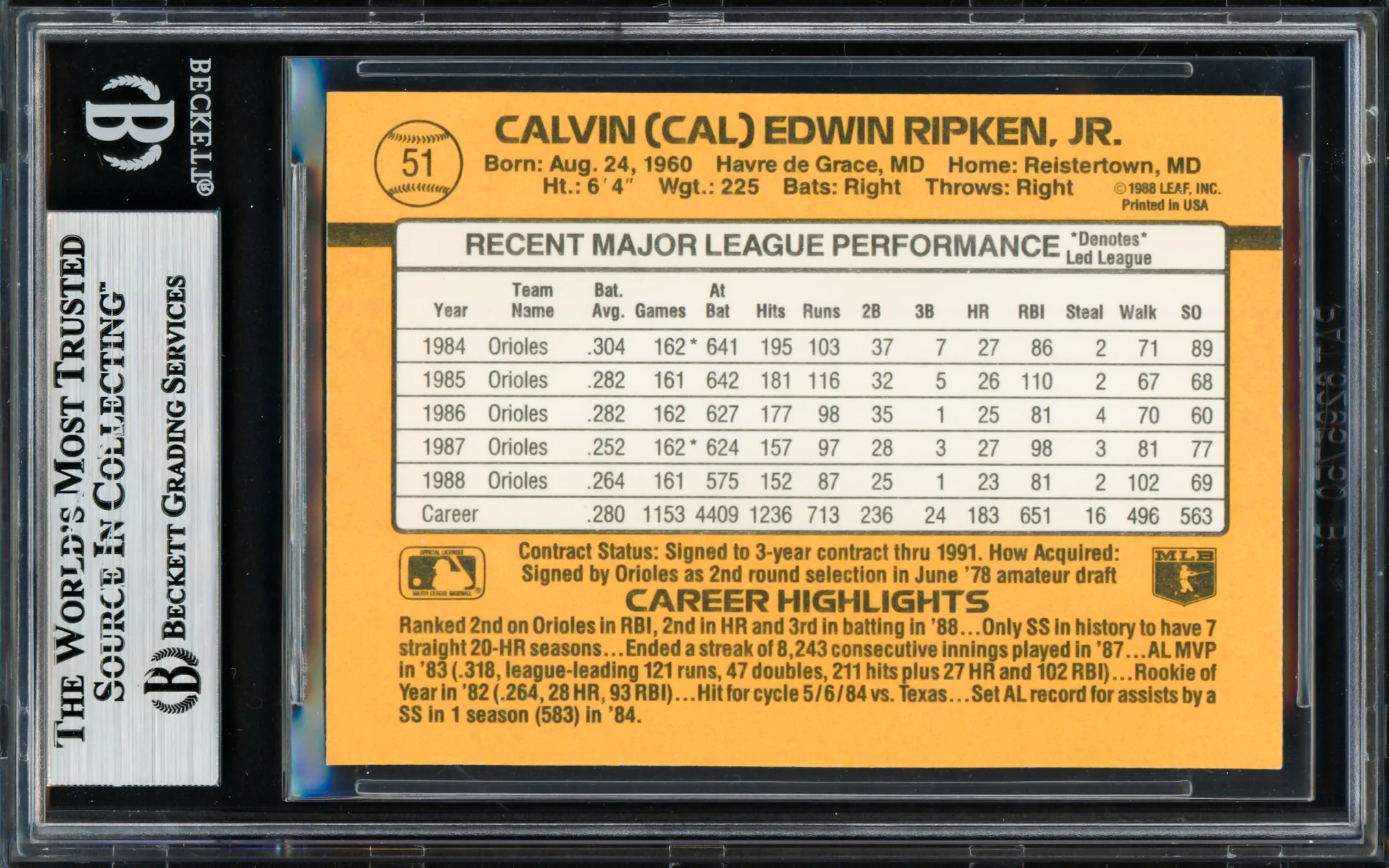 Cal Ripken Jr. Autographed 1989 Donruss Card #51 Baltimore Orioles Beckett BAS #18629082 - Image 2