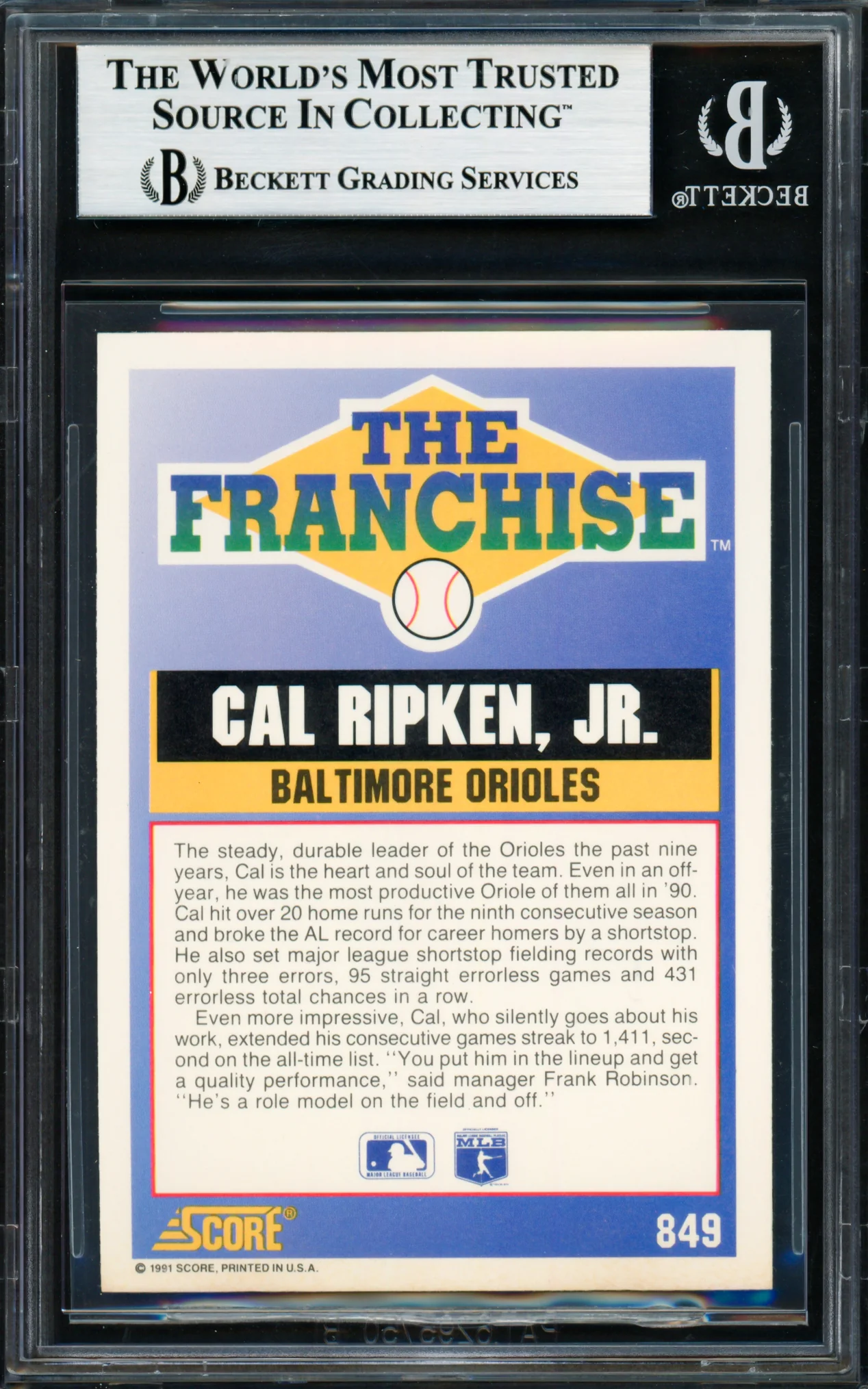 Cal Ripken Jr. Autographed 1991 Score Card #849 Baltimore Orioles #491/1991 Beckett BAS #18283545 - Image 2