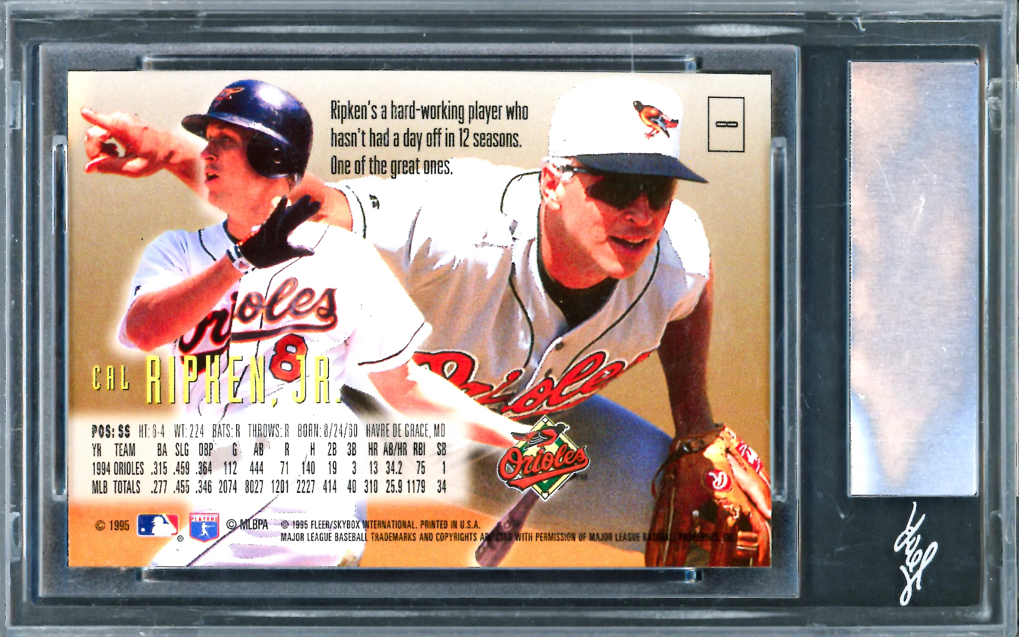 Cal Ripken Jr. Autographed 1995 Skybox Emotion Card #8 Baltimore Orioles Leaf SKU #243517 - Image 2