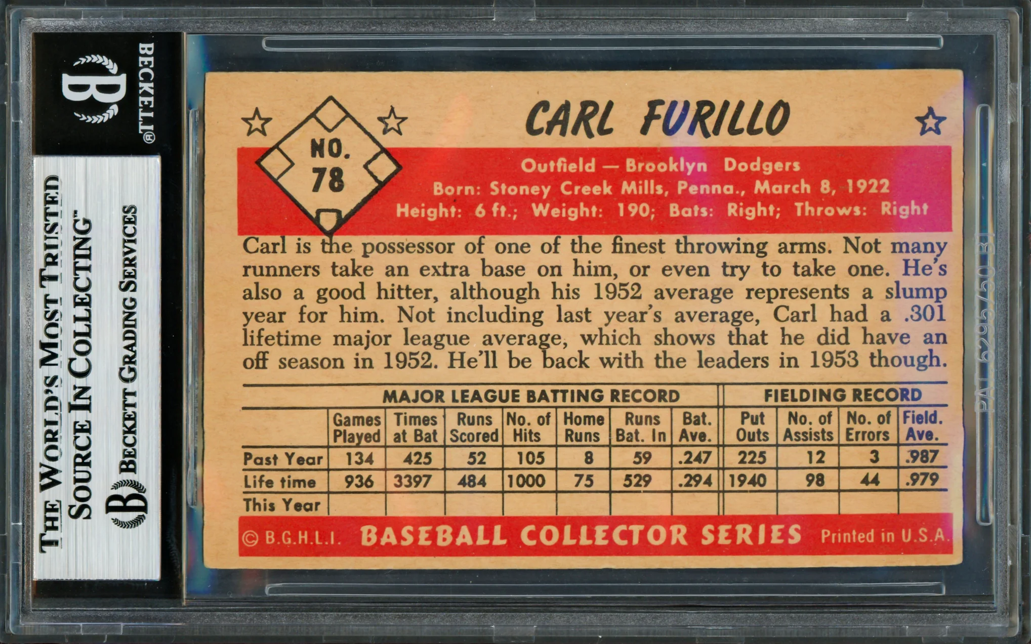 Carl Furillo Autographed 1953 Bowman Color Card #78 Brooklyn Dodgers Beckett BAS #18630006 - Image 2