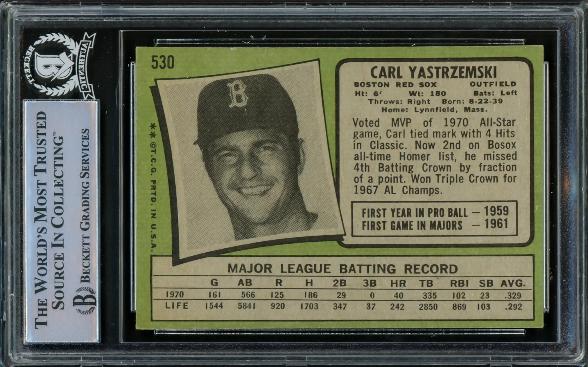 Carl Yastrzemski Autographed 1971 Topps Card #530 Boston Red Sox Beckett BAS #15501002 - Image 2