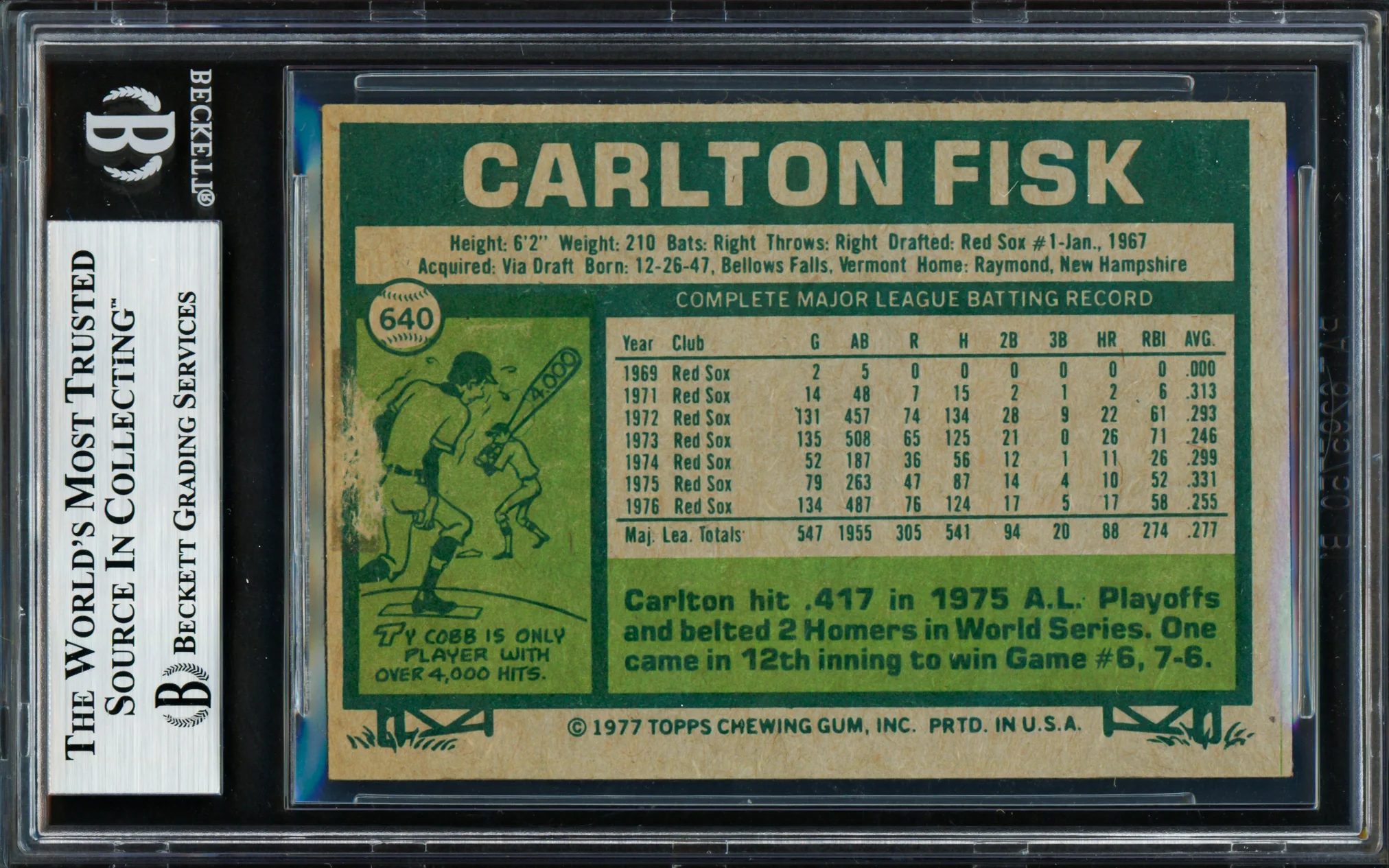 Carlton Fisk Autographed 1977 Topps Card #640 Boston Red Sox Beckett BAS #18628653 - Image 2