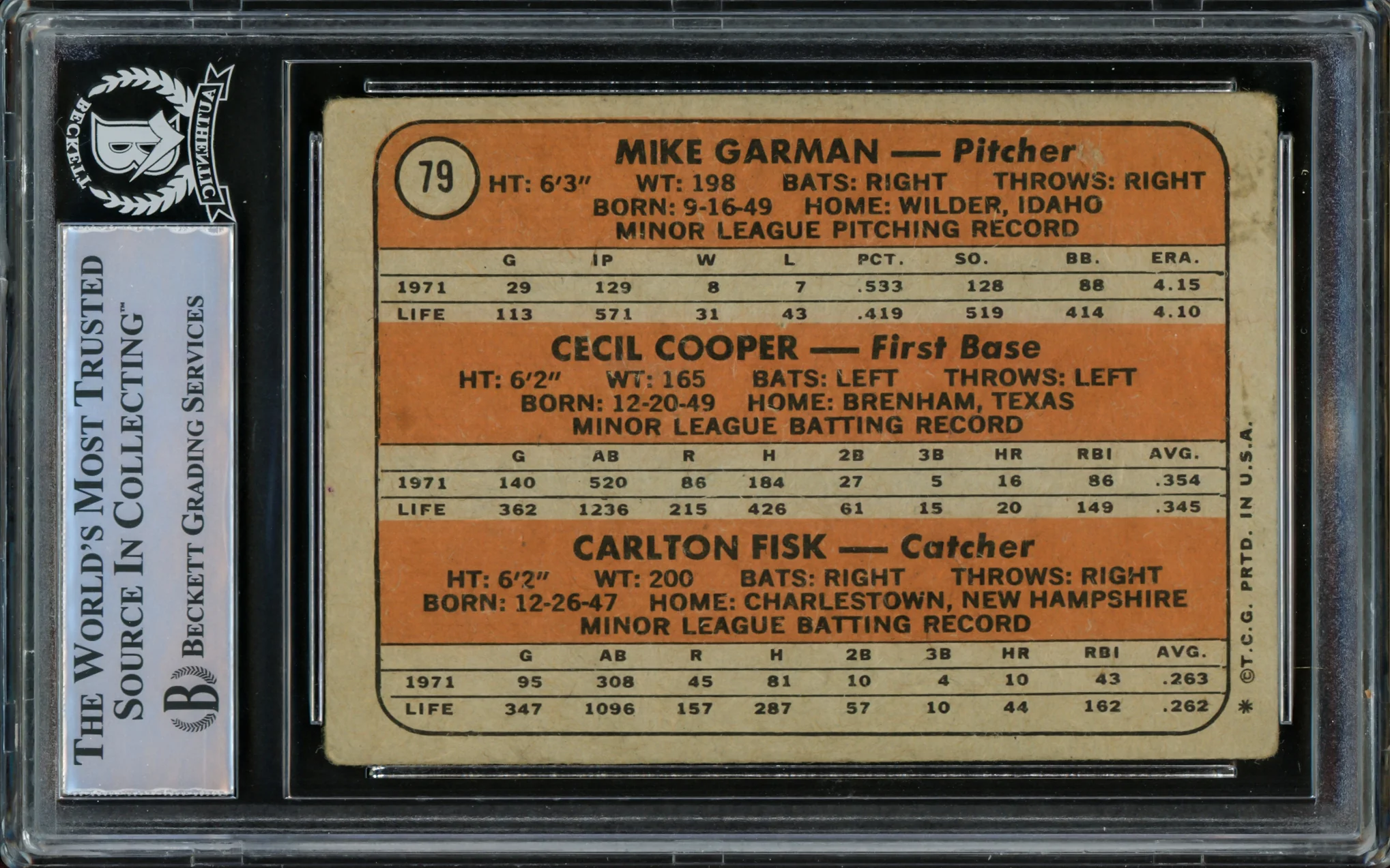 Carlton Fisk, Cecil Cooper & Mike Garman Autographed 1972 Topps Card #79 Beckett BAS #15499348 - Image 2