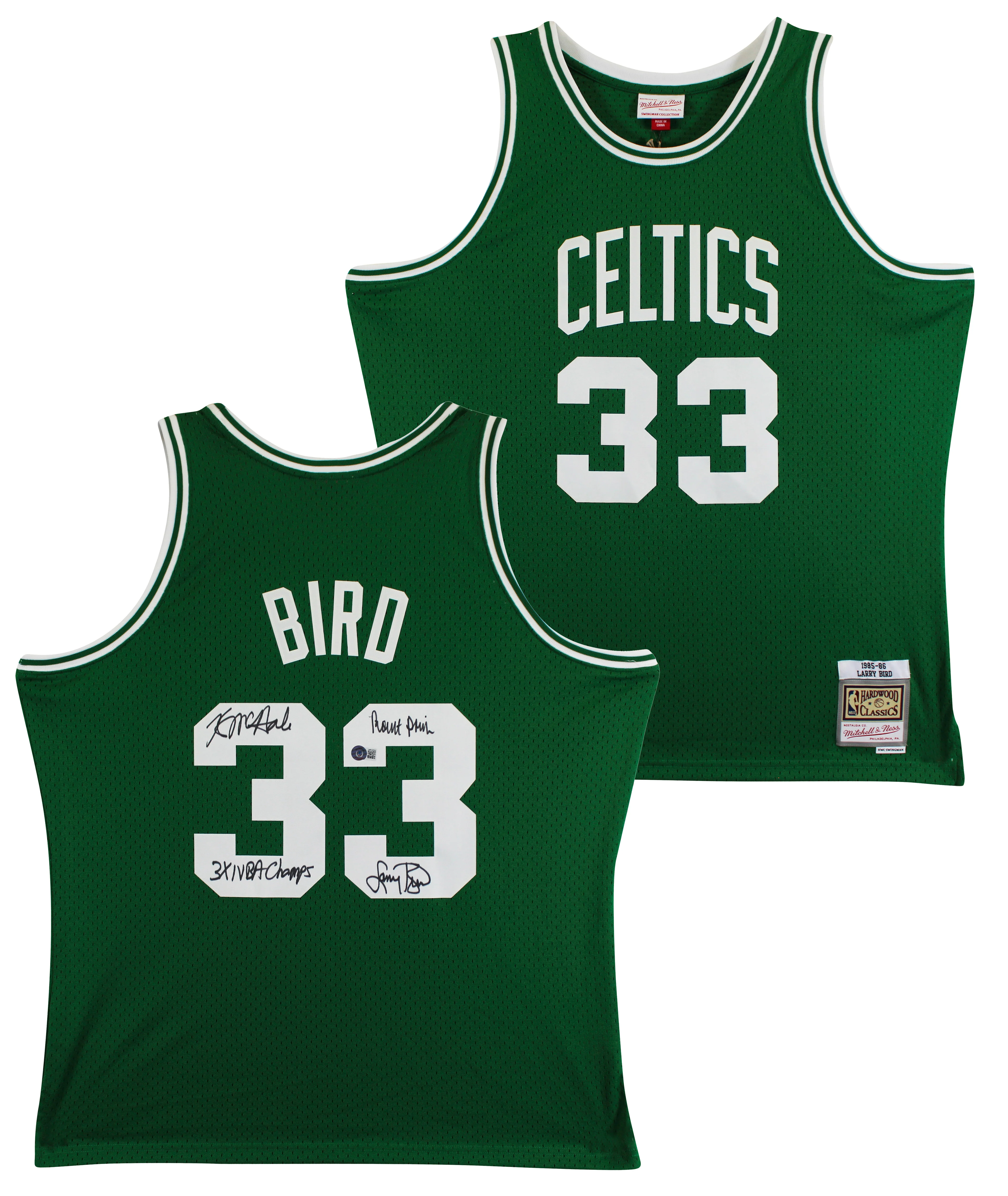 Celtics (3) Bird, Parish & McHale Signed Green M&N Swingman Jersey BAS Witnessed - Image 2