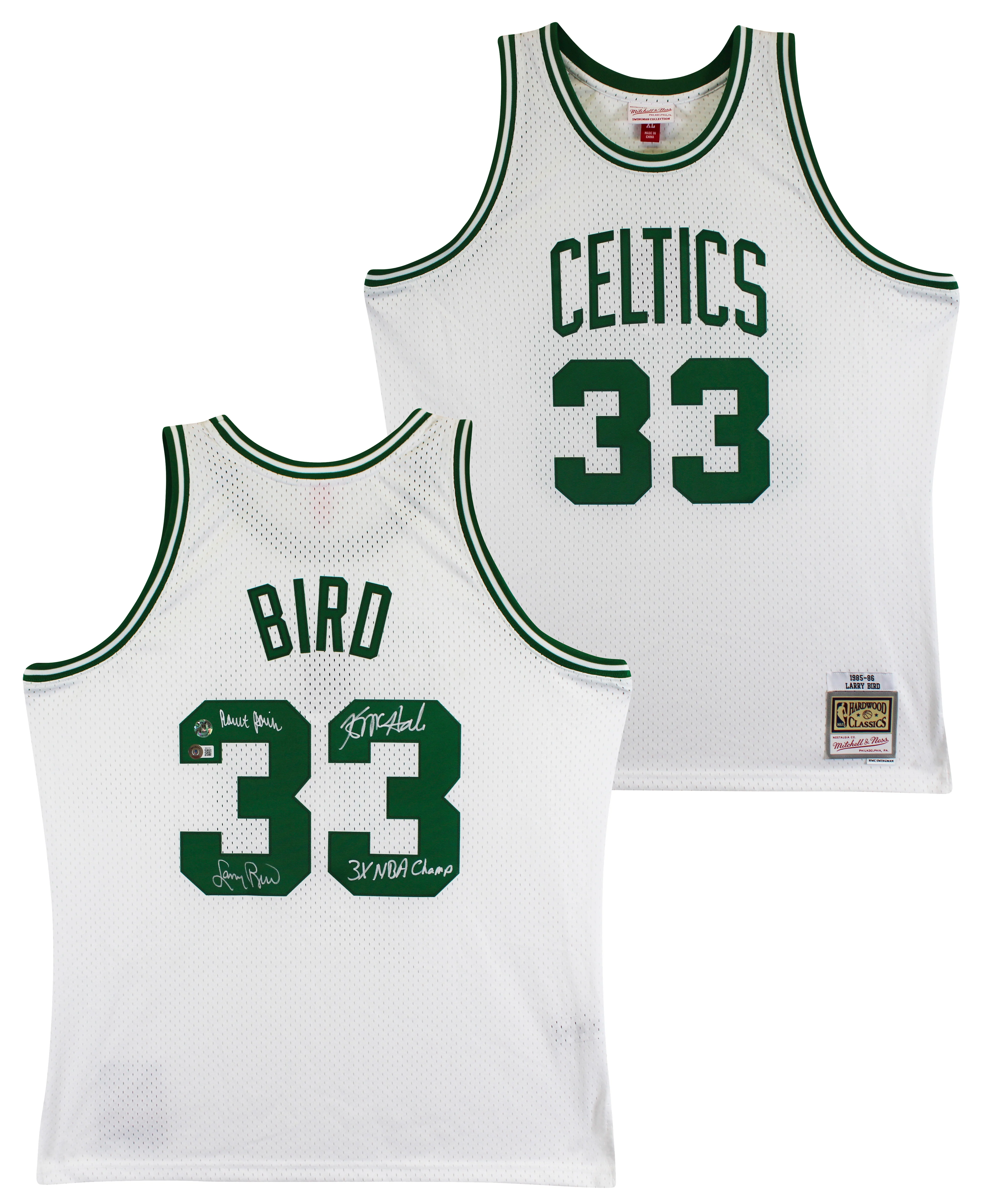 Celtics (3) Bird, Parish & McHale Signed White M&N Swingman Jersey BAS Witnessed - Image 2