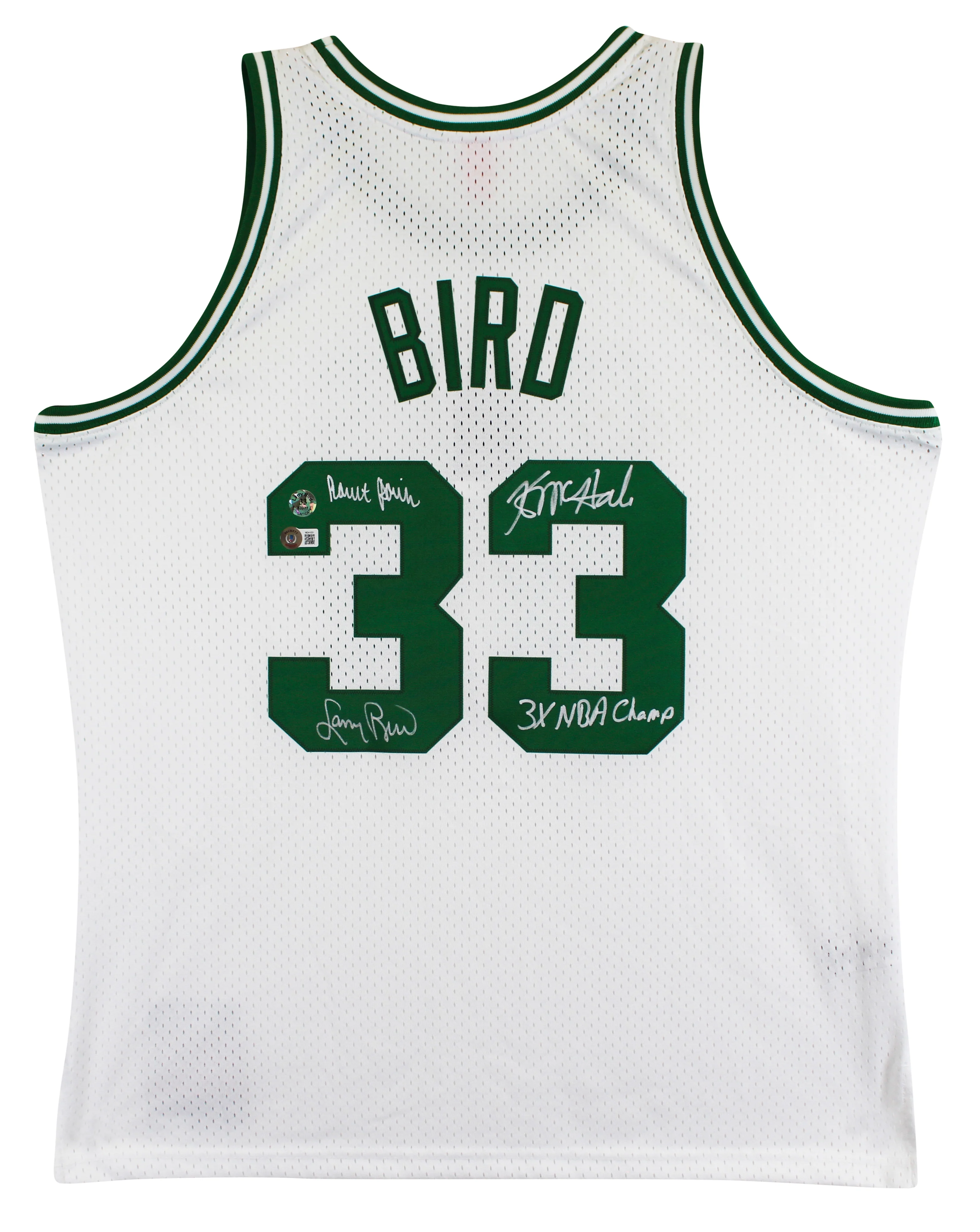 Celtics (3) Bird, Parish & McHale Signed White M&N Swingman Jersey BAS Witnessed - Image 3